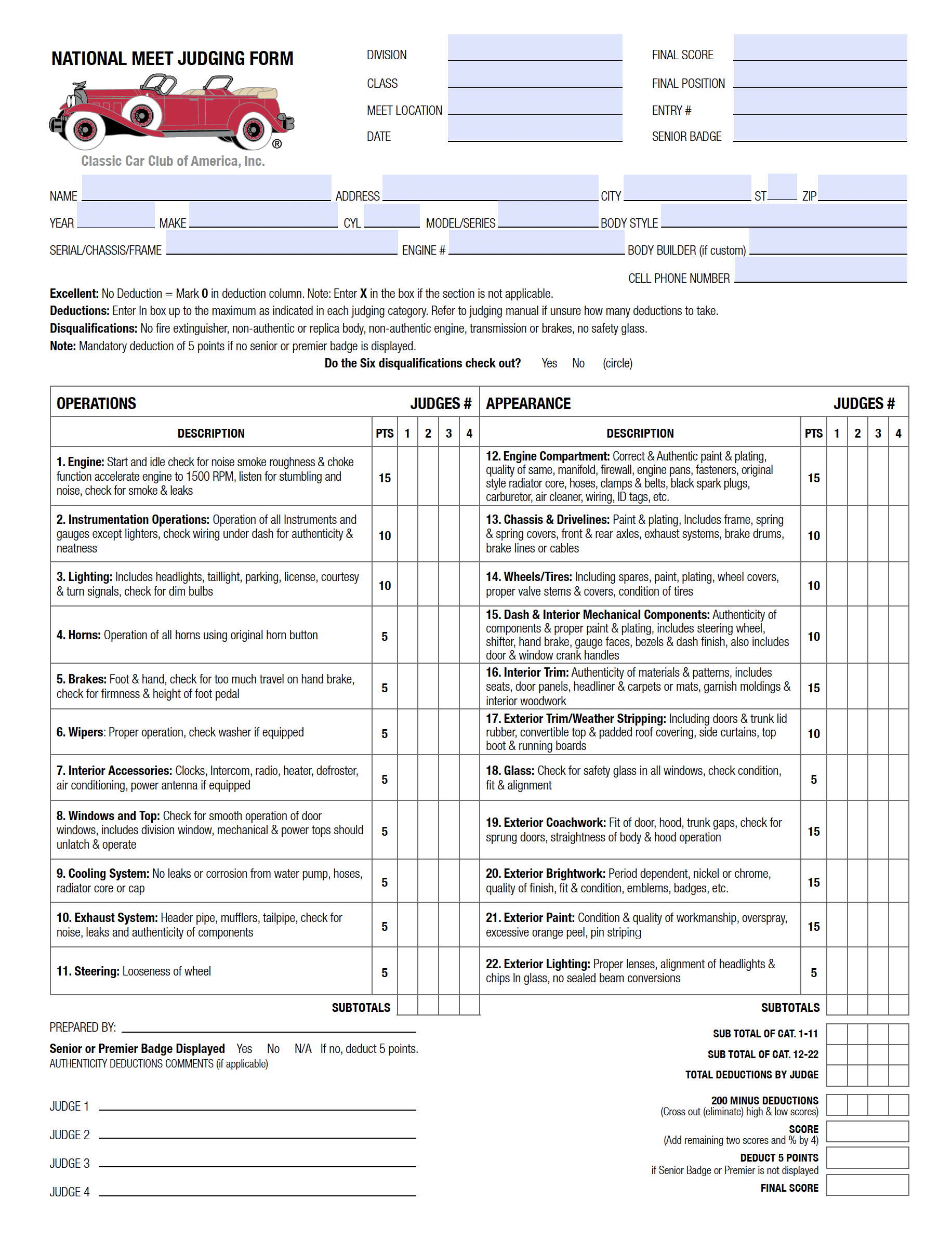 Classic Car Club of America Scoresheet