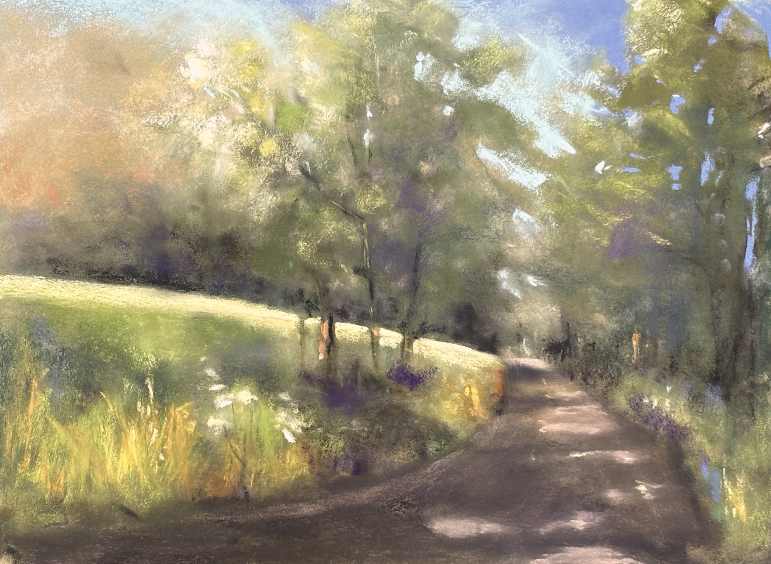 A peaceful rural scene with a dirt path winding through trees and greenery, painted in a soft watercolor style.