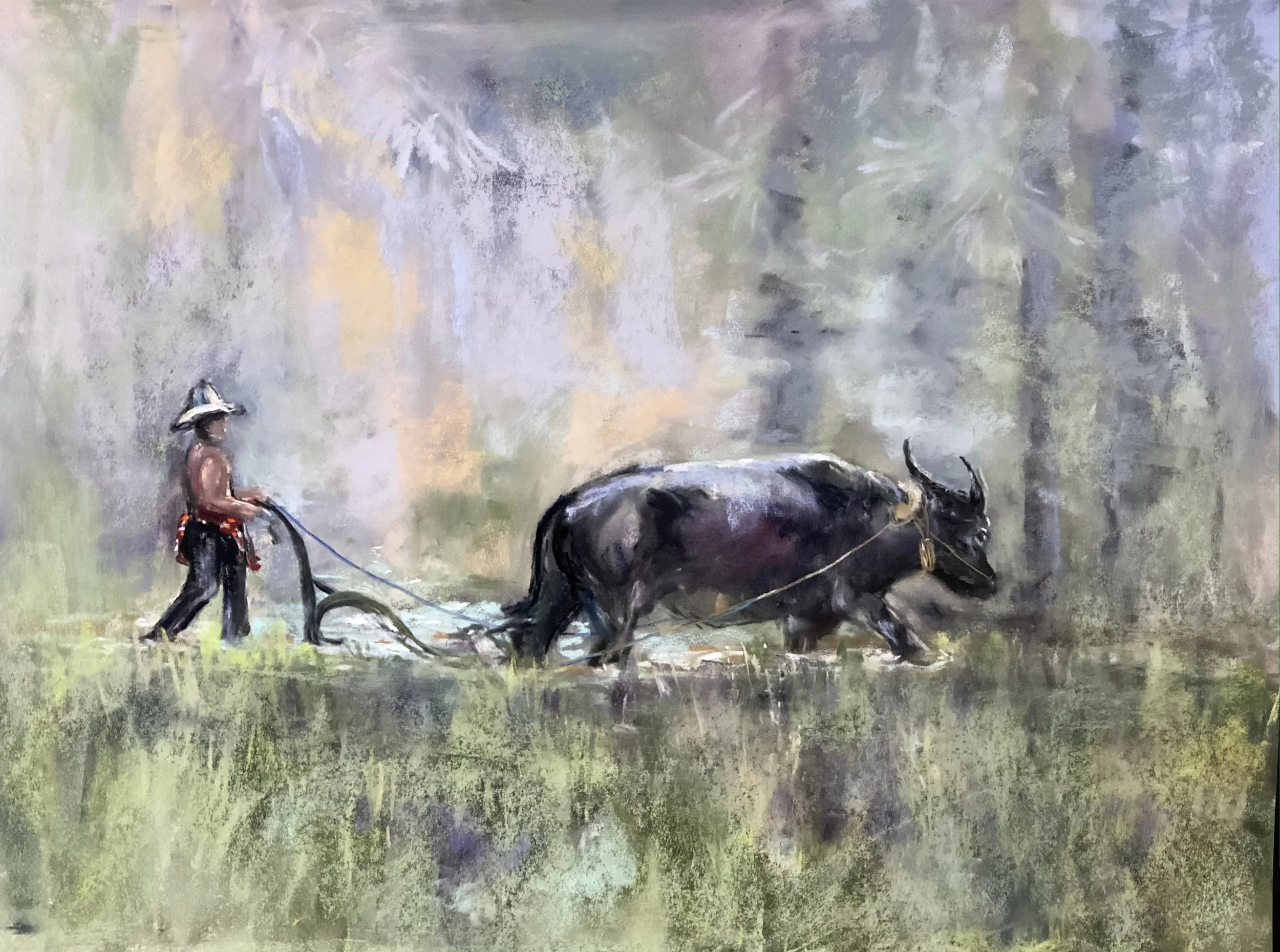 A painting of a farmer guiding a water buffalo through a muddy field with a misty, blurred forest background.