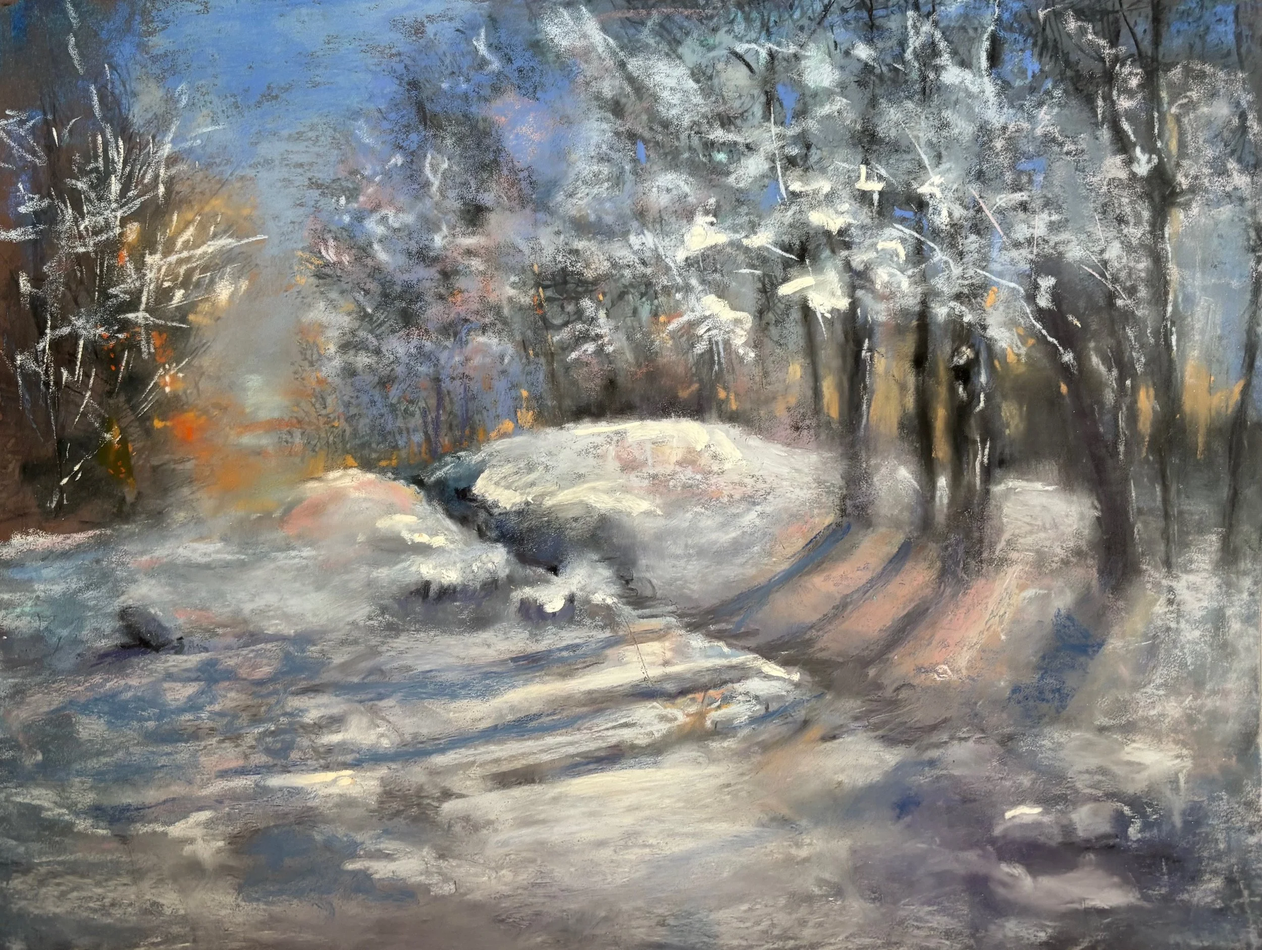 An impressionistic painting of a winter landscape with snow-covered trees and a small stream or river flowing through the scene.