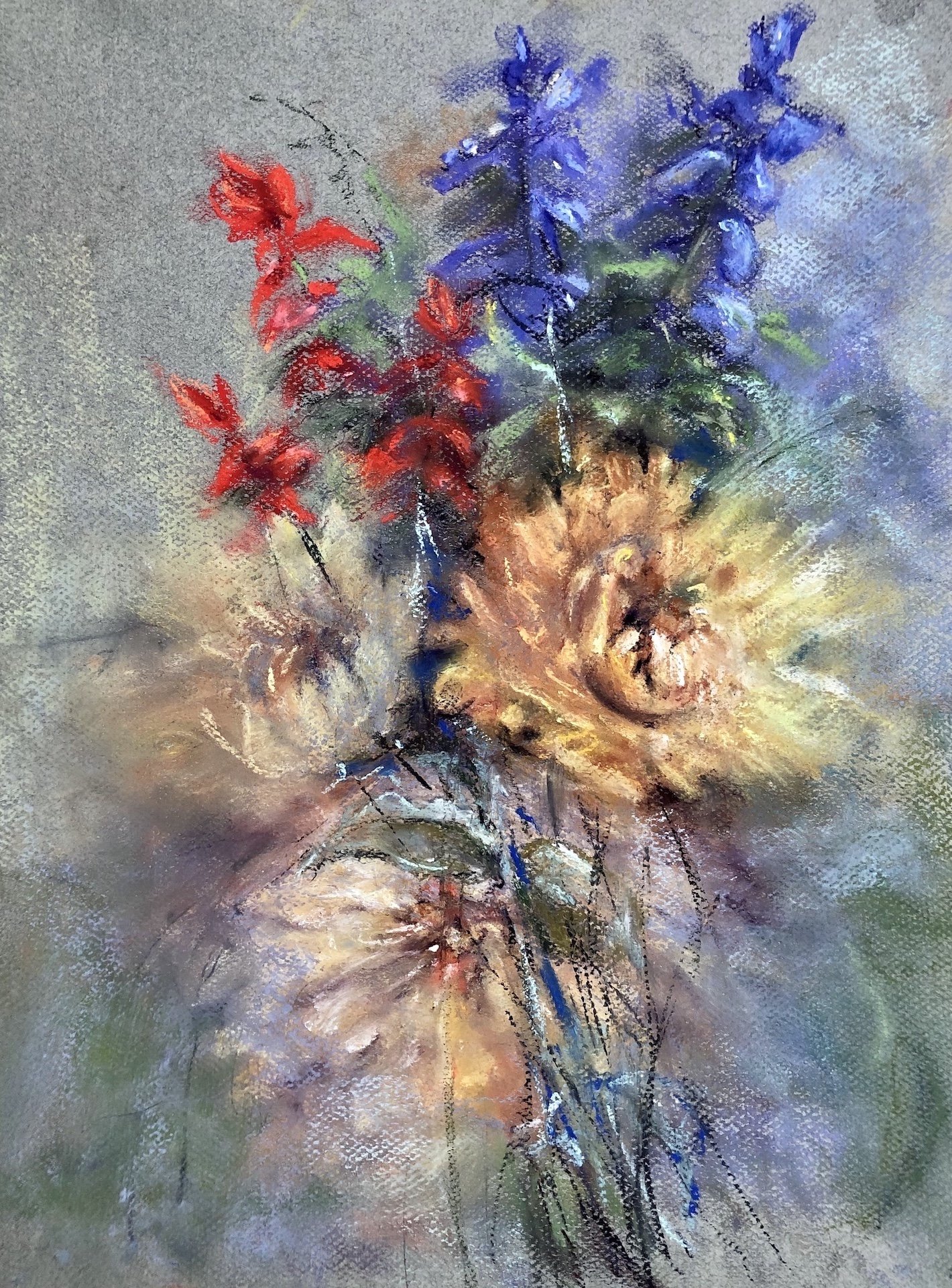 An abstract painting of a bouquet of flowers with red and blue flowers, painted in an impressionistic style with soft, blended brushstrokes and a muted background.