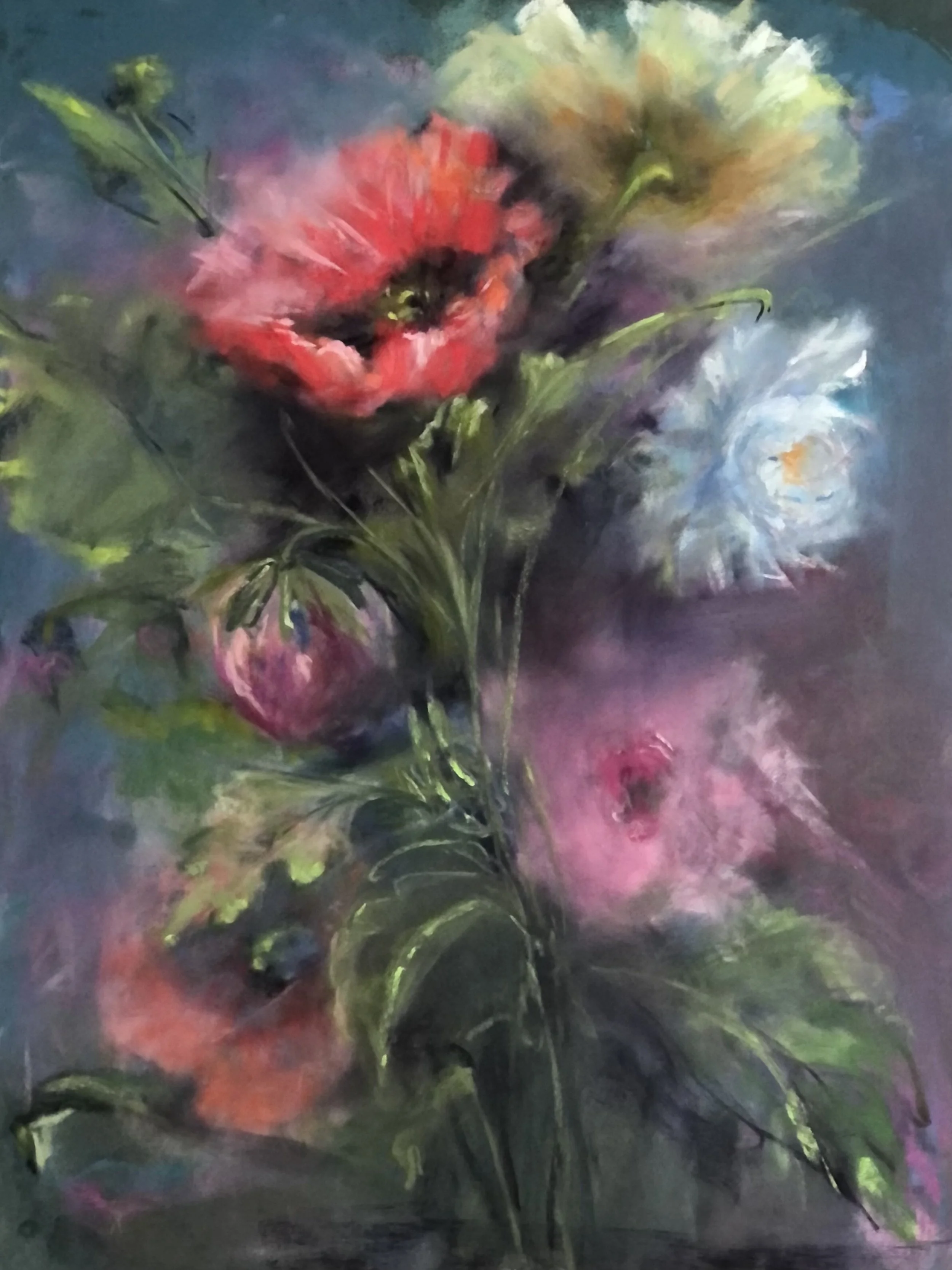 Abstract watercolor painting of a colorful bouquet of flowers, including a prominent red flower, pale yellow flower, and blue and pink blossoms, with green leaves and stems.