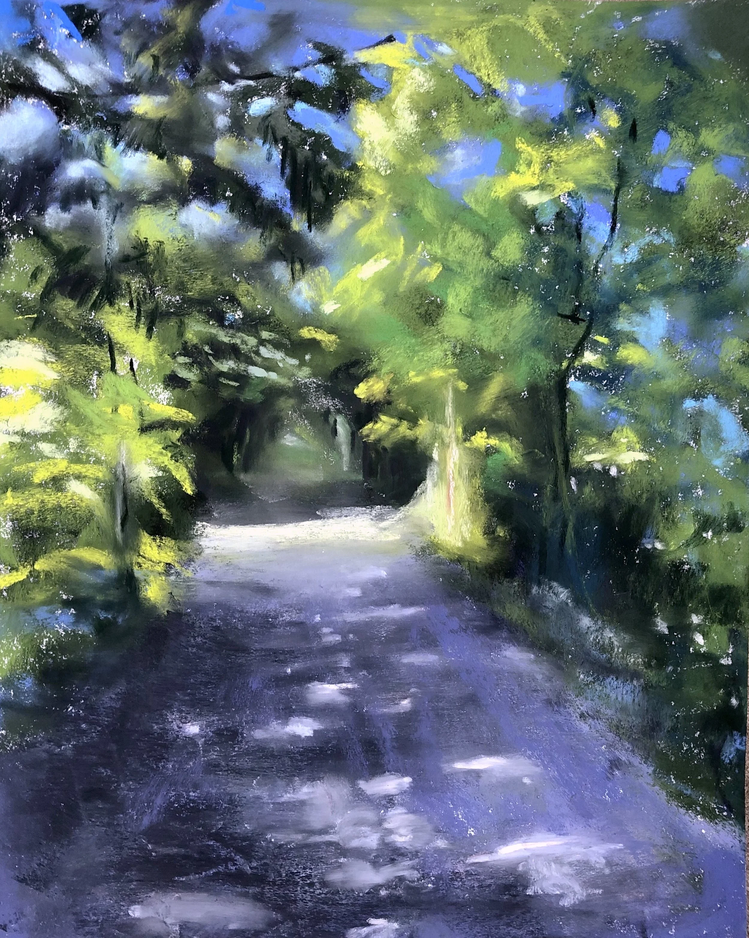 A peaceful painting of a shaded dirt path surrounded by trees with green leaves, with sunlight filtering through the branches.