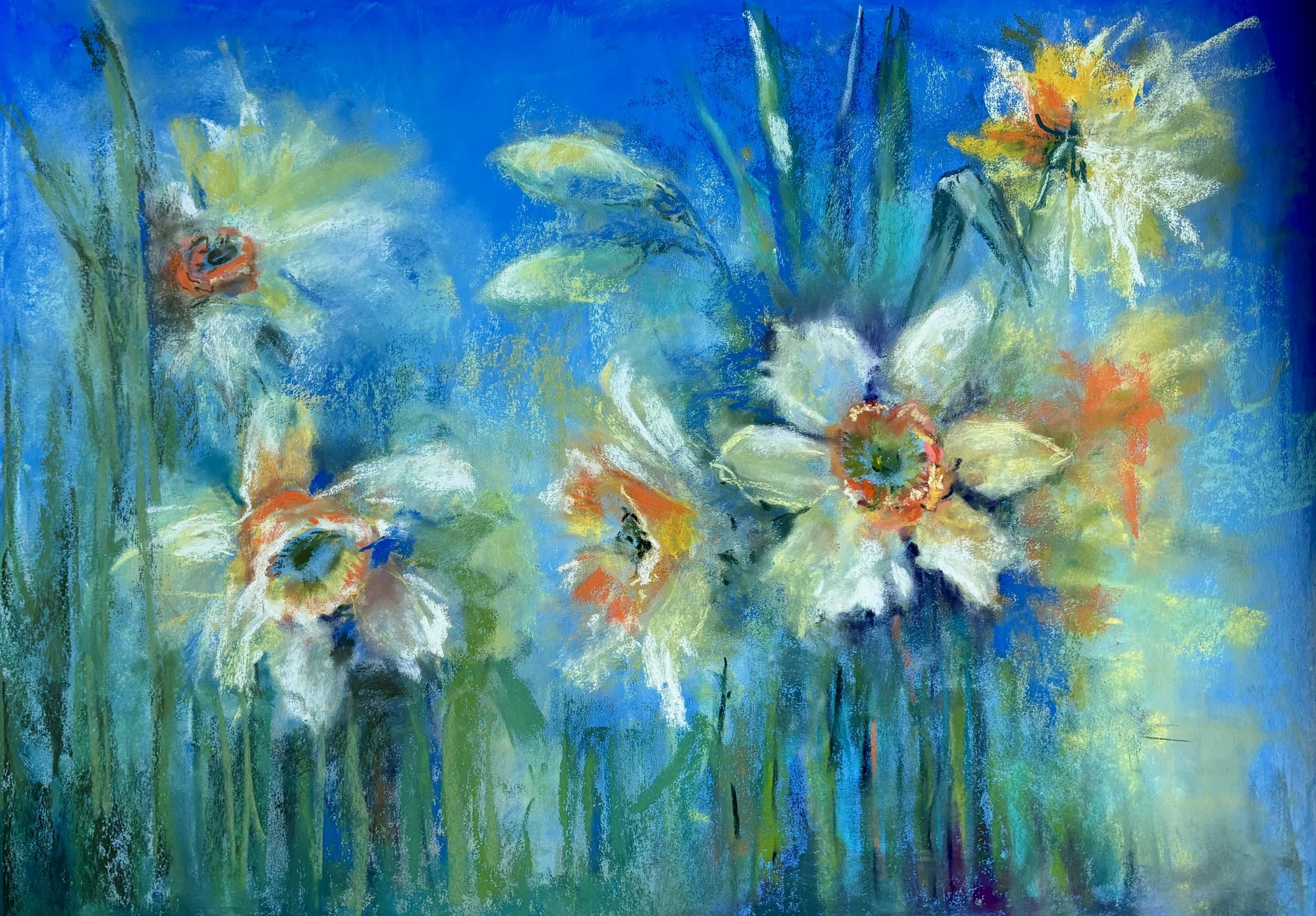 Abstract impressionist painting of white and orange flowers with green stems on a blue background.