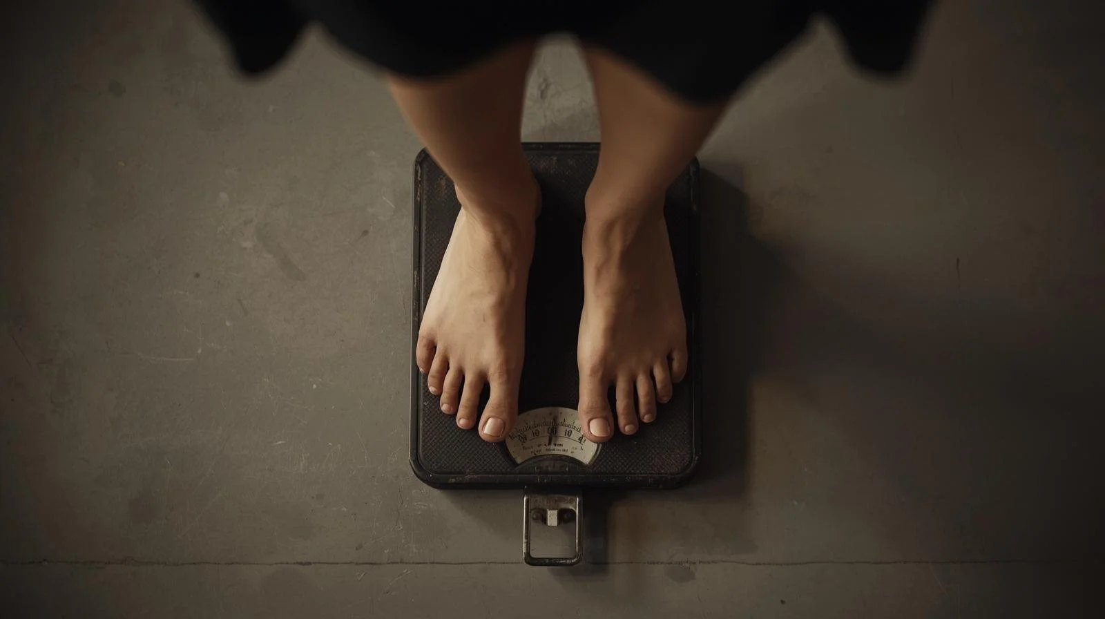 Top view of a person's bare feet on a vintage scale showing weight measurement on a dial.