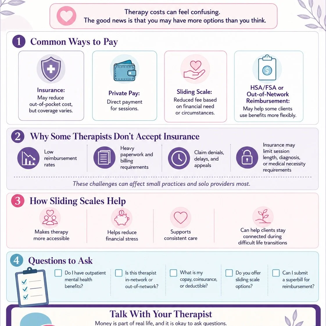 New on the Prism Psychotherapy blog ✨

Paying for therapy can feel confusing, stressful, or even intimidating.
Insurance, private pay, sliding scales, reimbursement, deductibles &mdash; it can be a lot to sort through, especially when you are already