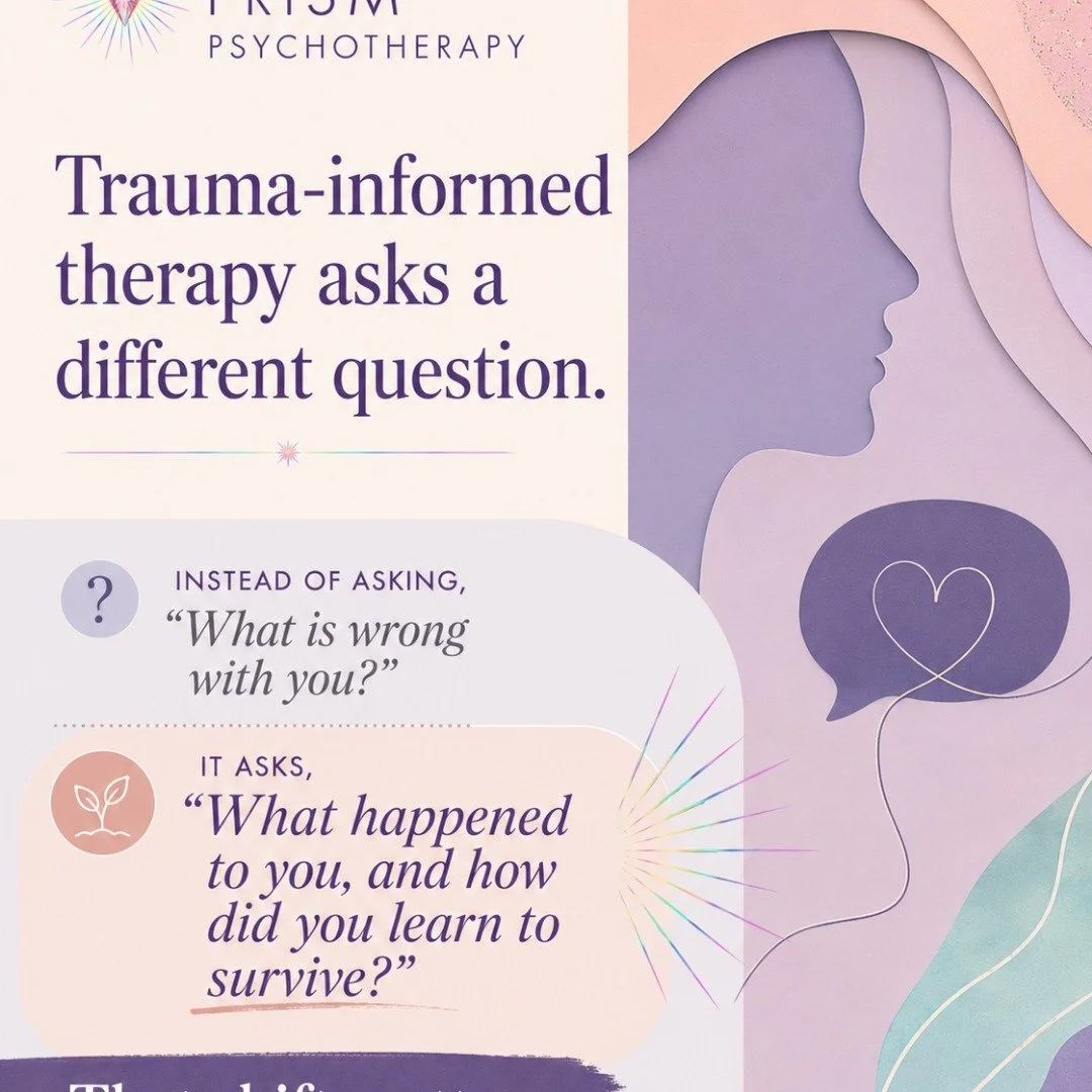 A trauma-informed approach recognizes that past experiences can shape how people respond to stress, relationships, conflict, trust, boundaries, and safety.

At Prism Psychotherapy, care is grounded in compassion, collaboration, and respect for each c