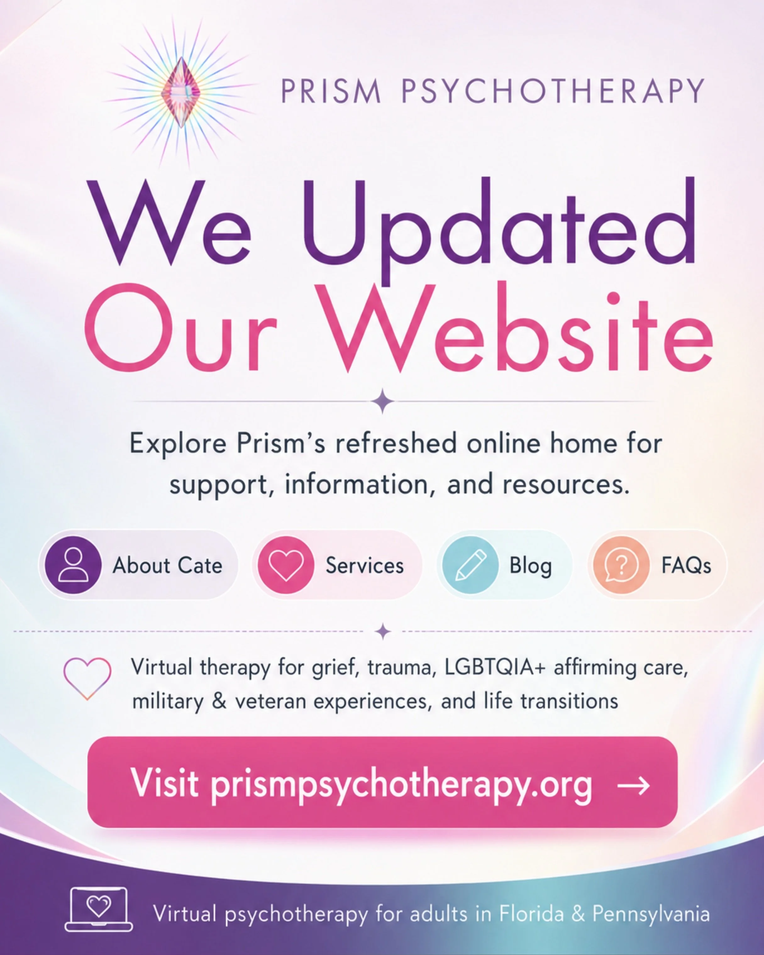 We're excited to announce that we've made a few changes to our website. 

Head over to https://www.prismpsychotherapy.org/

and let us know what you think!

#website #mentalhealth #therapy #mentalhealthinflorida #newpost😍