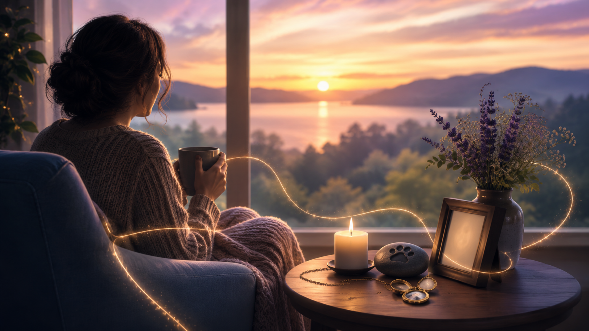 Woman sitting watching the sunset while missing her deceased pet