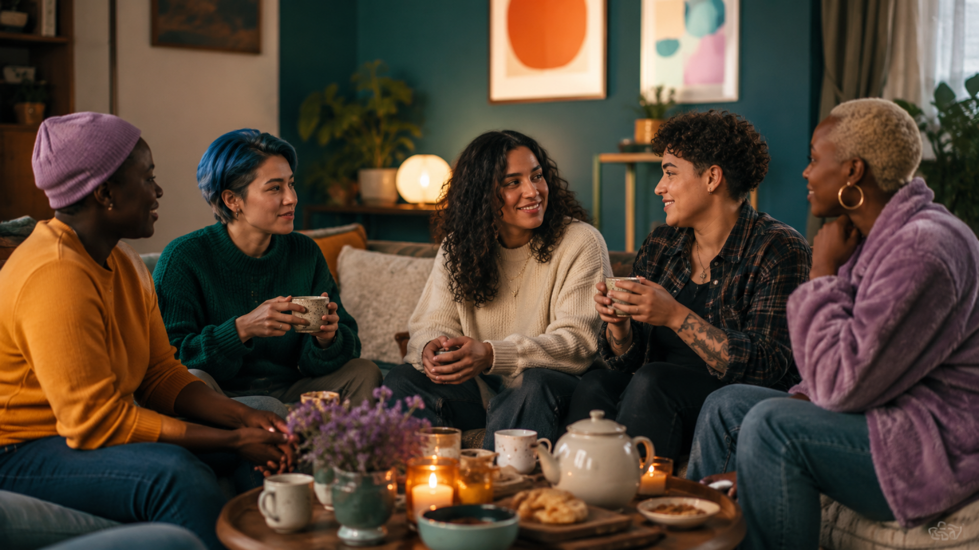 Group of women sitting around food and talking