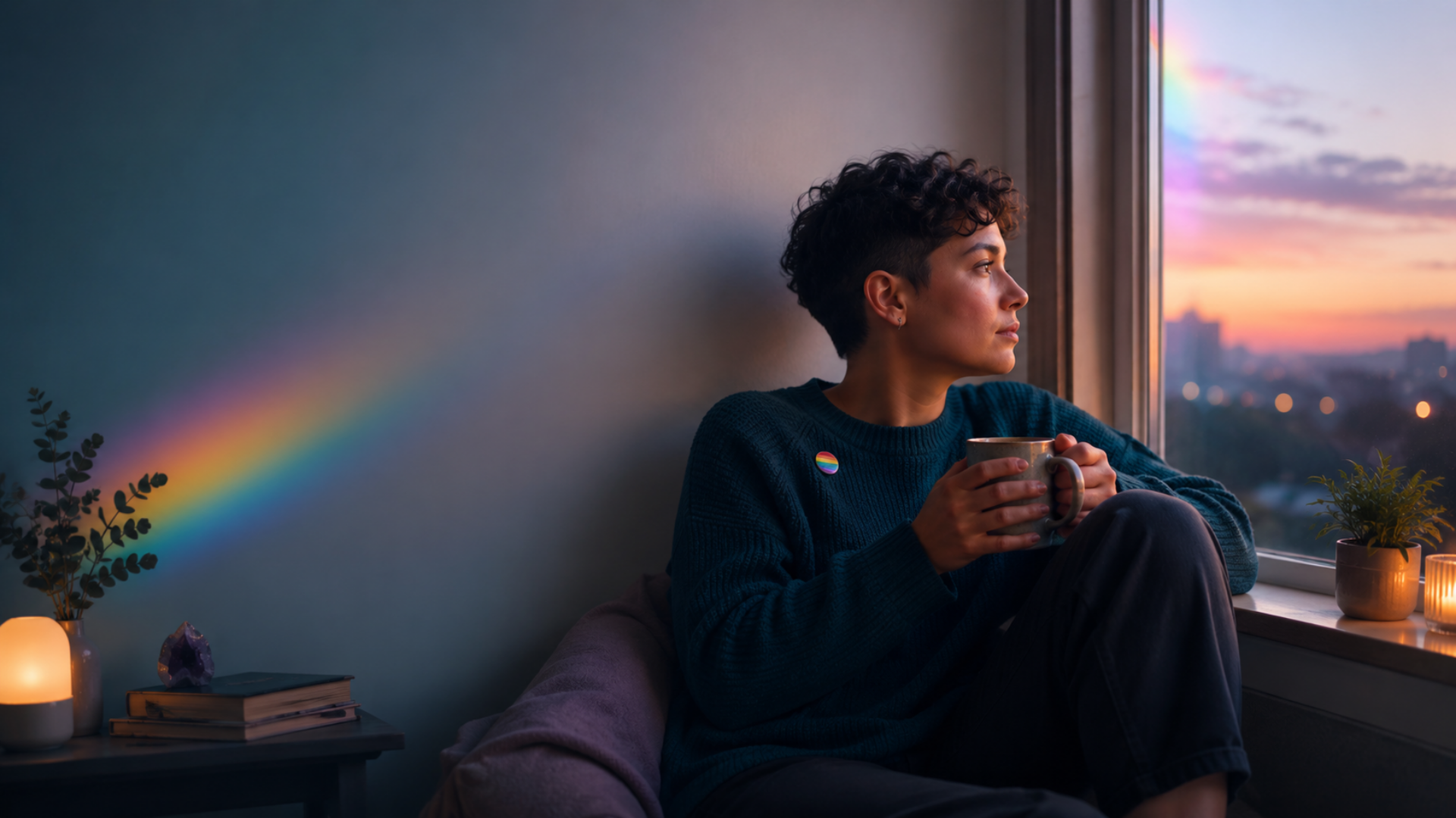 Woman sitting with beverage staring out a window