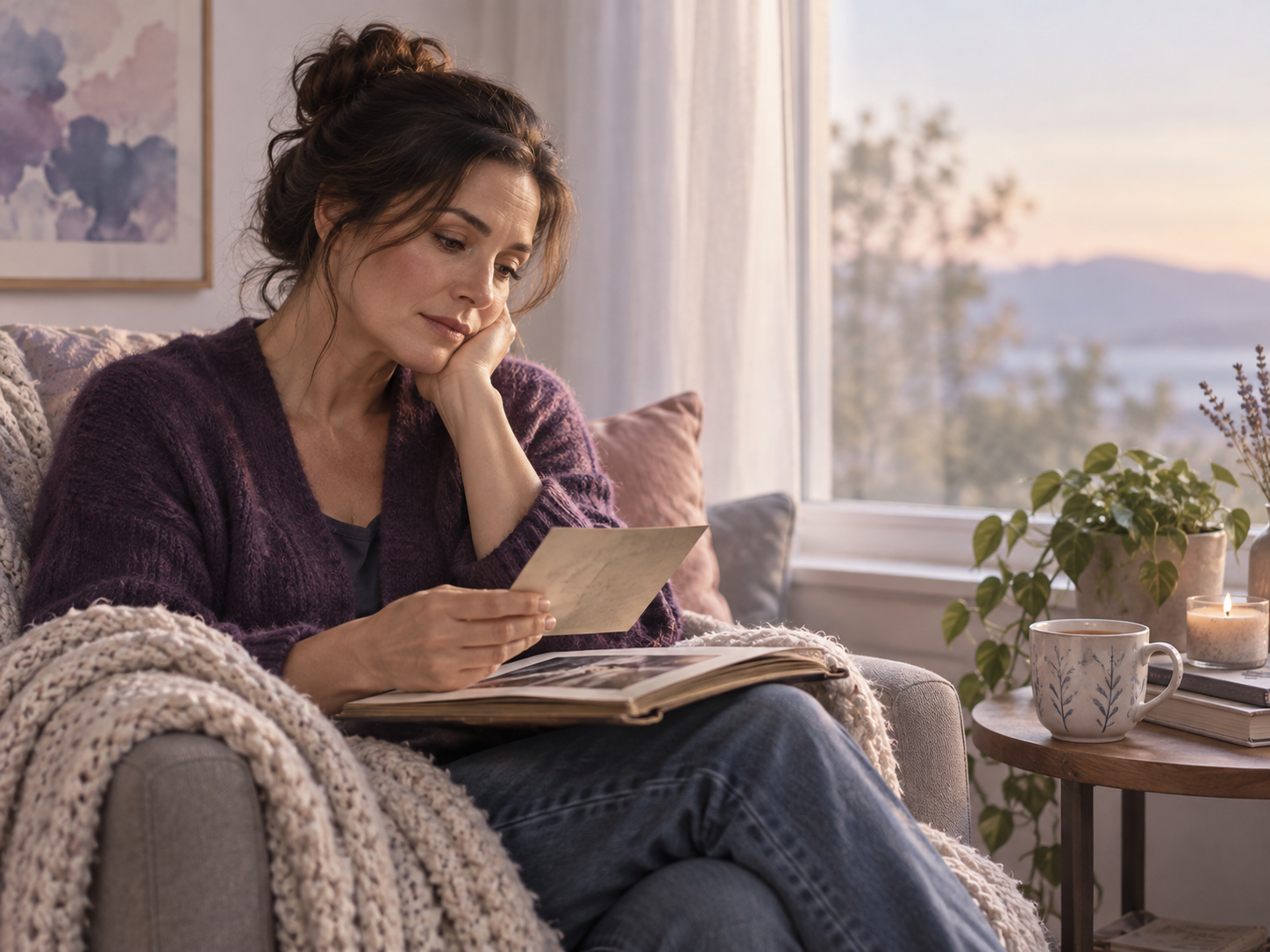 Woman sitting and looking at photo albim.png