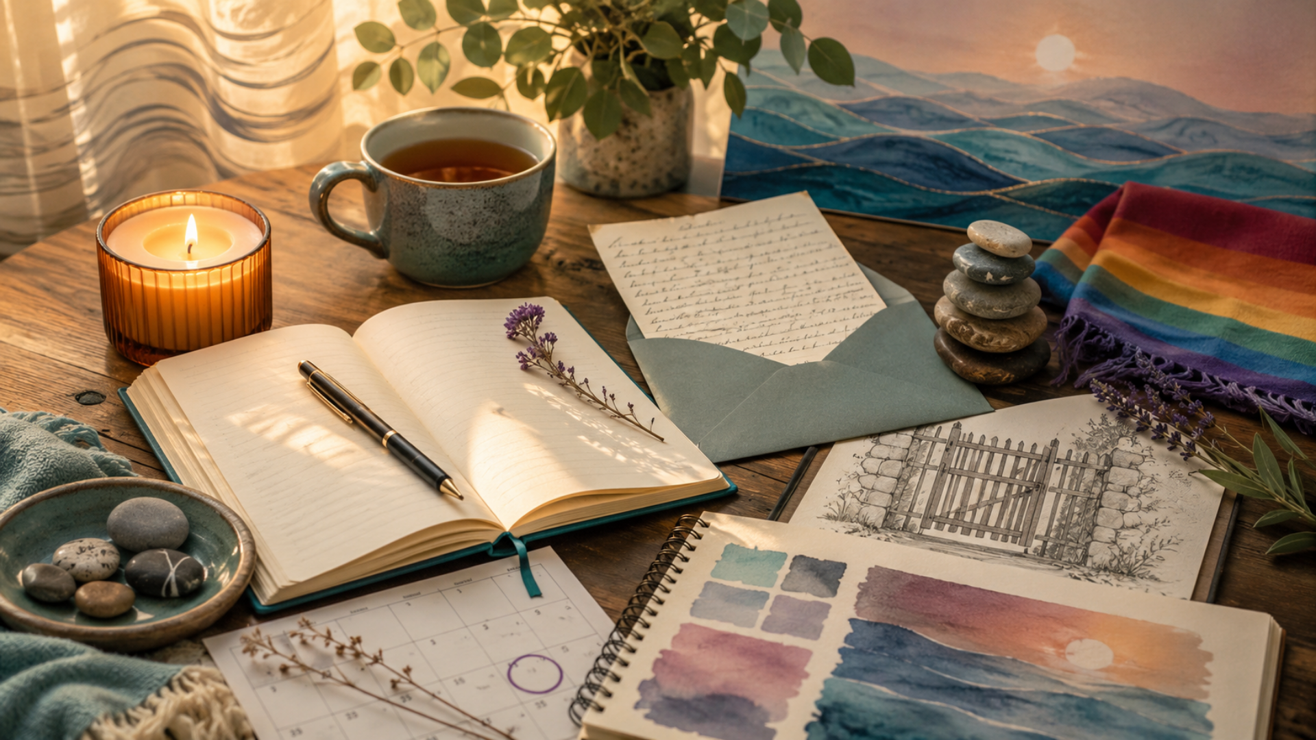 Table with coffee, candle, journal, stacked stone, and sketches