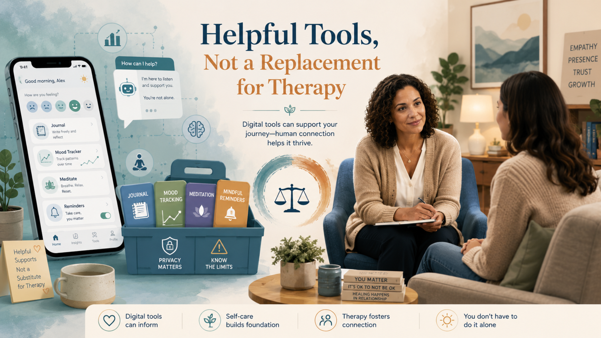 Digital mental health tools are shown beside a therapist-client conversation, emphasizing that apps and AI can support care but cannot replace therapy.