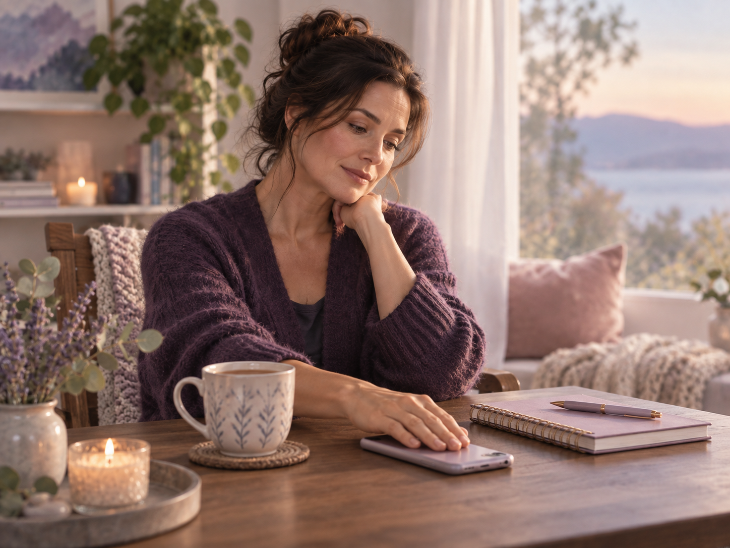 Woman with cup of tea and hand on phone.png