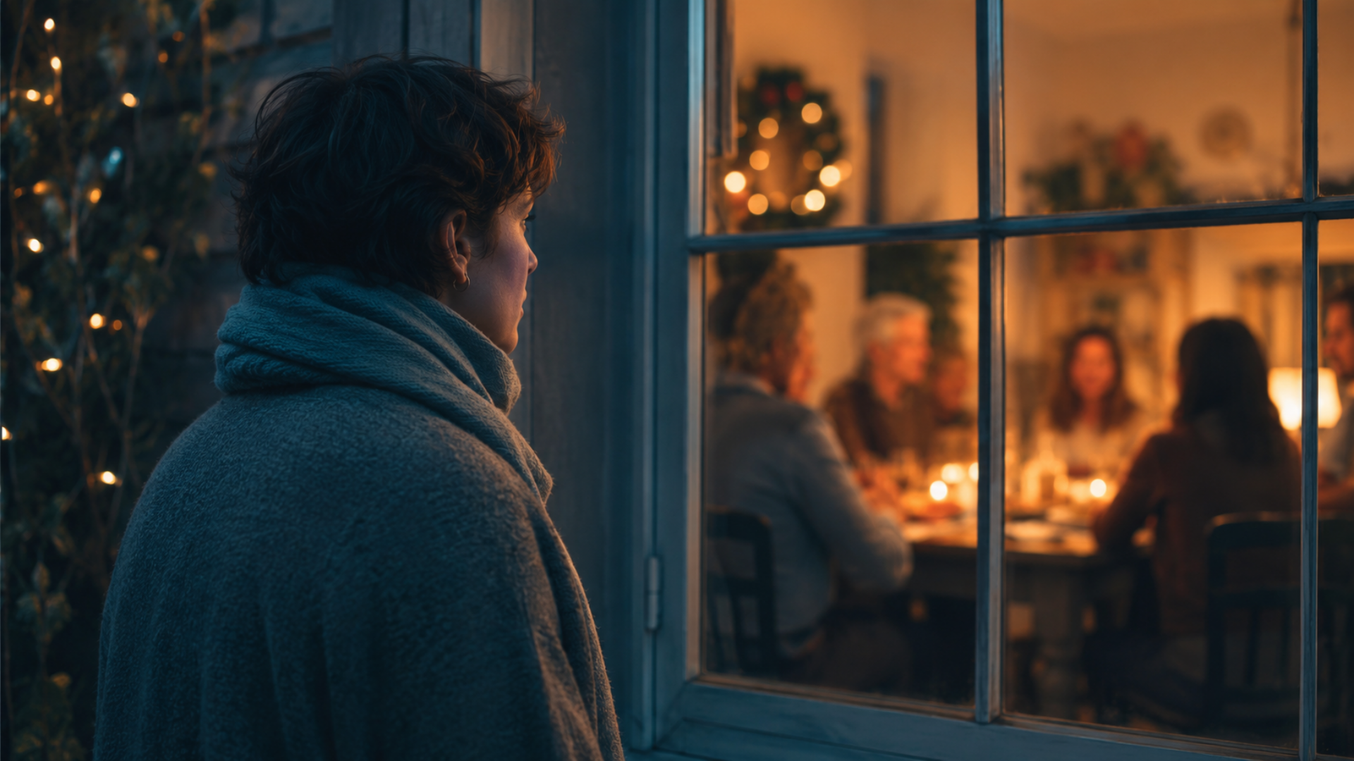Woman standing outside looking at her family through window during a holiday