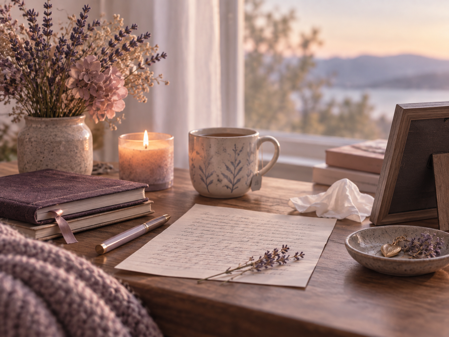 Desk with stationary lavender and candles.png