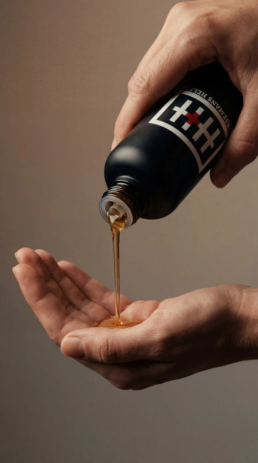 A person is pouring a dark brown liquid from a bottle with a black and white label onto their open palm. The label features a Horsemans Helper logo