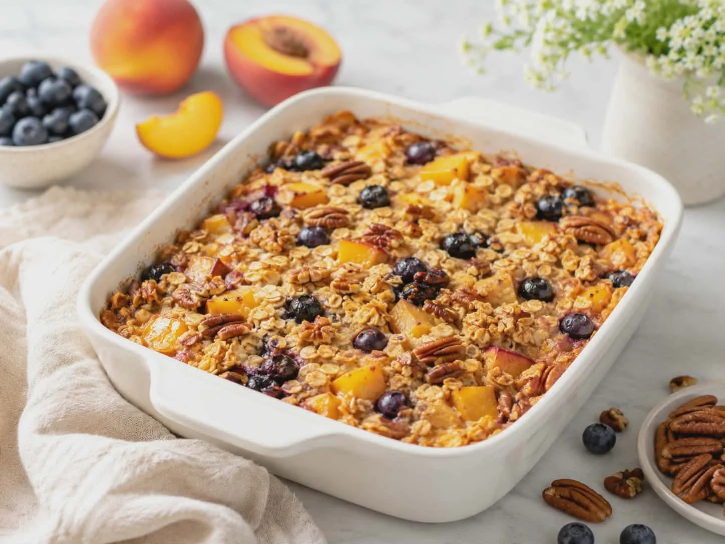 Blueberry-Peach Pecan Baked Oatmeal