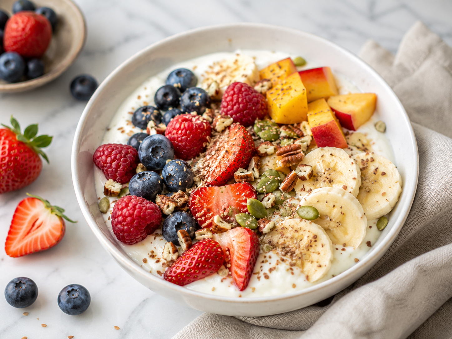 Fresh Fruit, Yogurt and Flax Breakfast Bowl