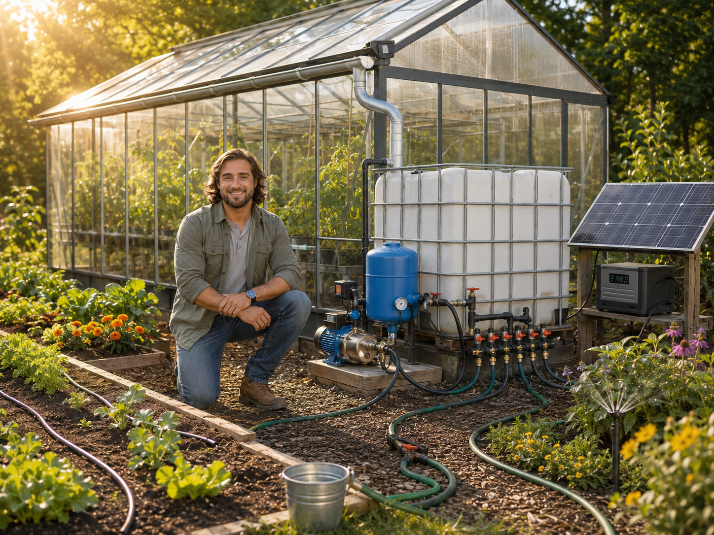 How to Build a Greenhouse Rainwater Catchment and Distribution System with IBC Totes, a Pump, Pressure Tank, and Multiple Watering Zones