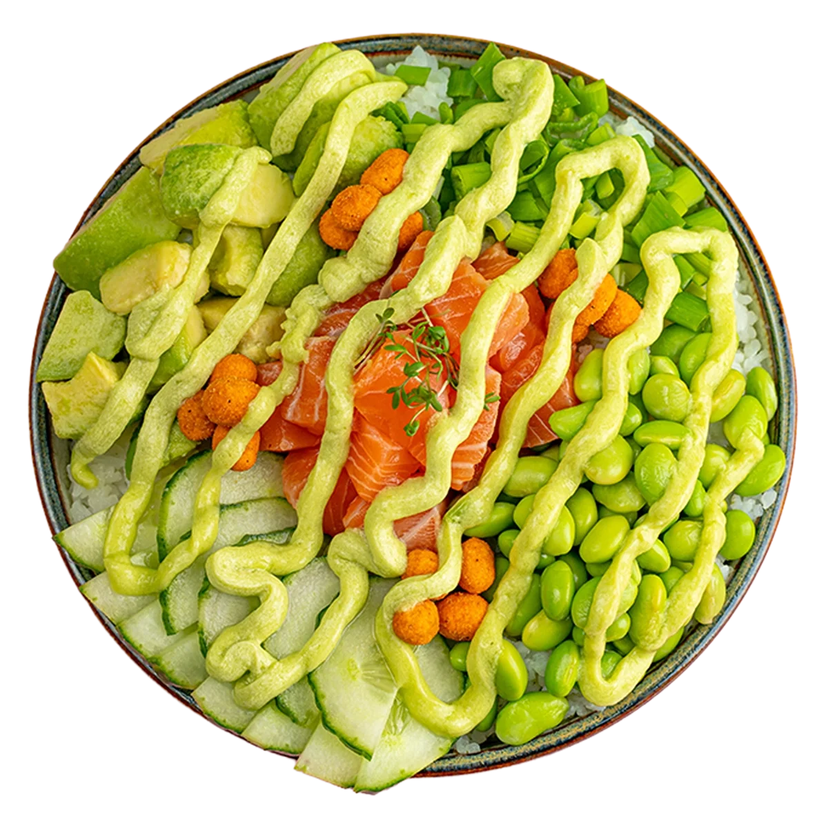 A bowl of poke with sliced salmon, edamame beans, cucumber slices, chopped green onions, orange fish roe, shredded lettuce, and green drizzled sauce, garnished with a sprig of herbs.