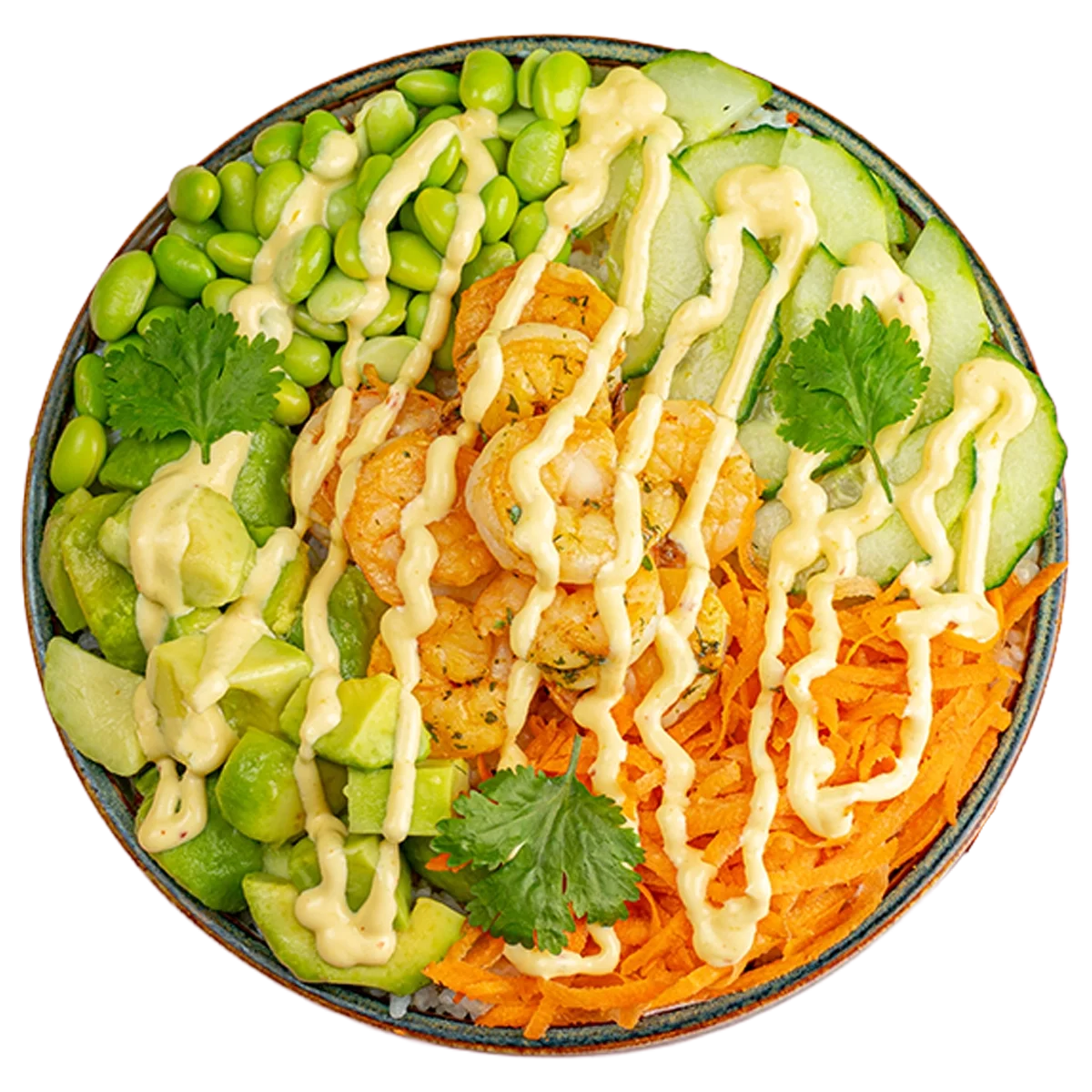 Buddha bowl with green peas, cucumber slices, diced avocado, shredded carrots, cooked shrimp, and cilantro, drizzled with a white sauce.