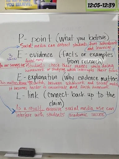 PEEL acronymn defined, includes re-writes of the original student text. Transcription in the blog.