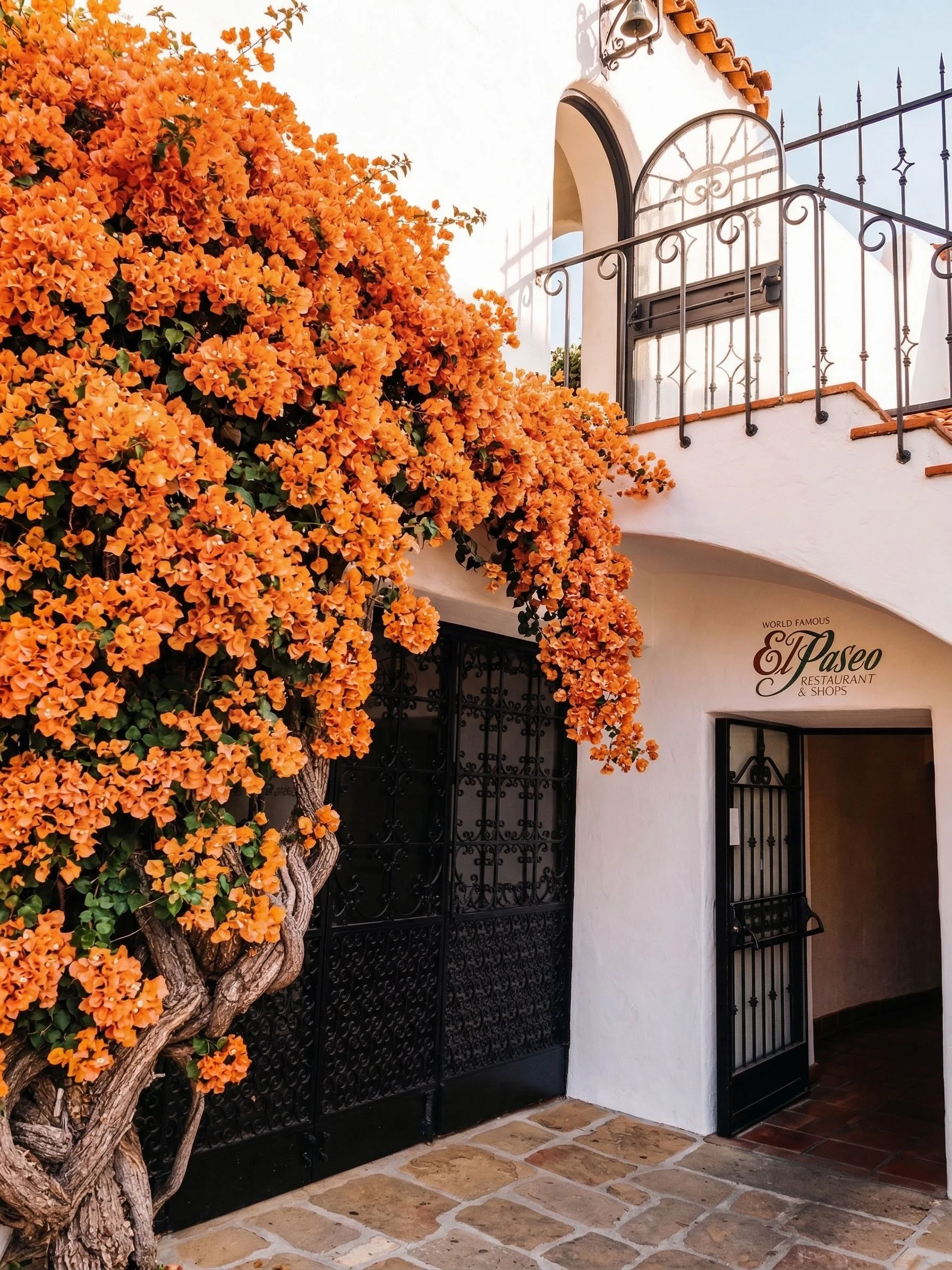 White building with black wrought iron gates and doors, accented with terracotta roof tiles and surrounded by a large, vibrant orange flowering bush.