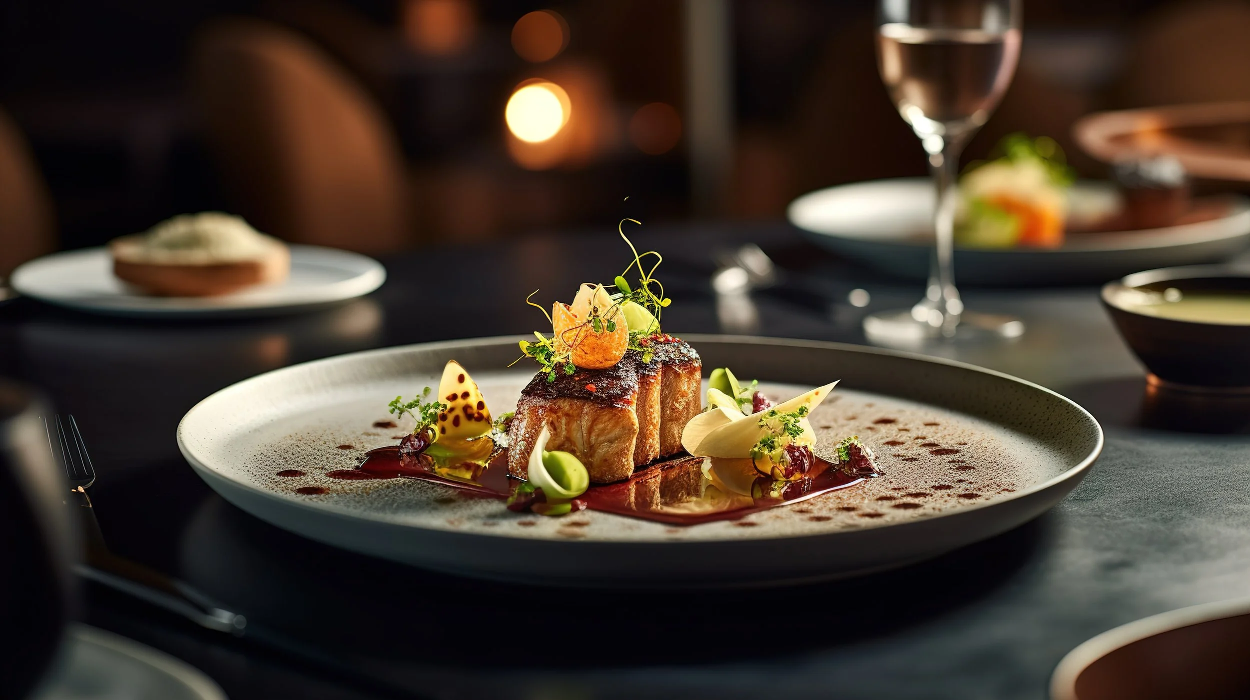 Elegant plated gourmet dish featuring a piece of cooked meat topped with microgreens, surrounded by various garnishes and sauces, on a white plate with a dark table setting in the background.