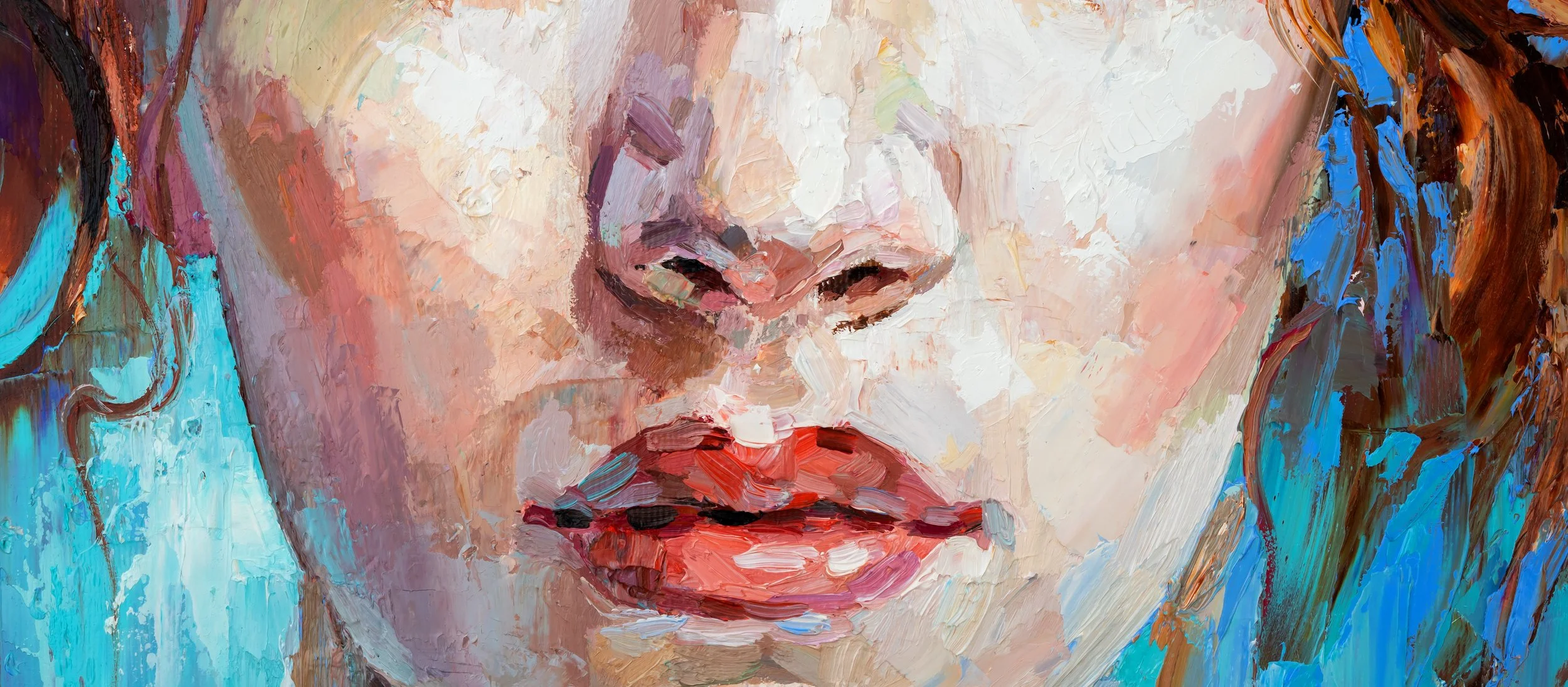 Close-up of a woman's face with her eyes closed, painted with thick, textured brushstrokes in vibrant colors, including blue, red, pink, and brown.