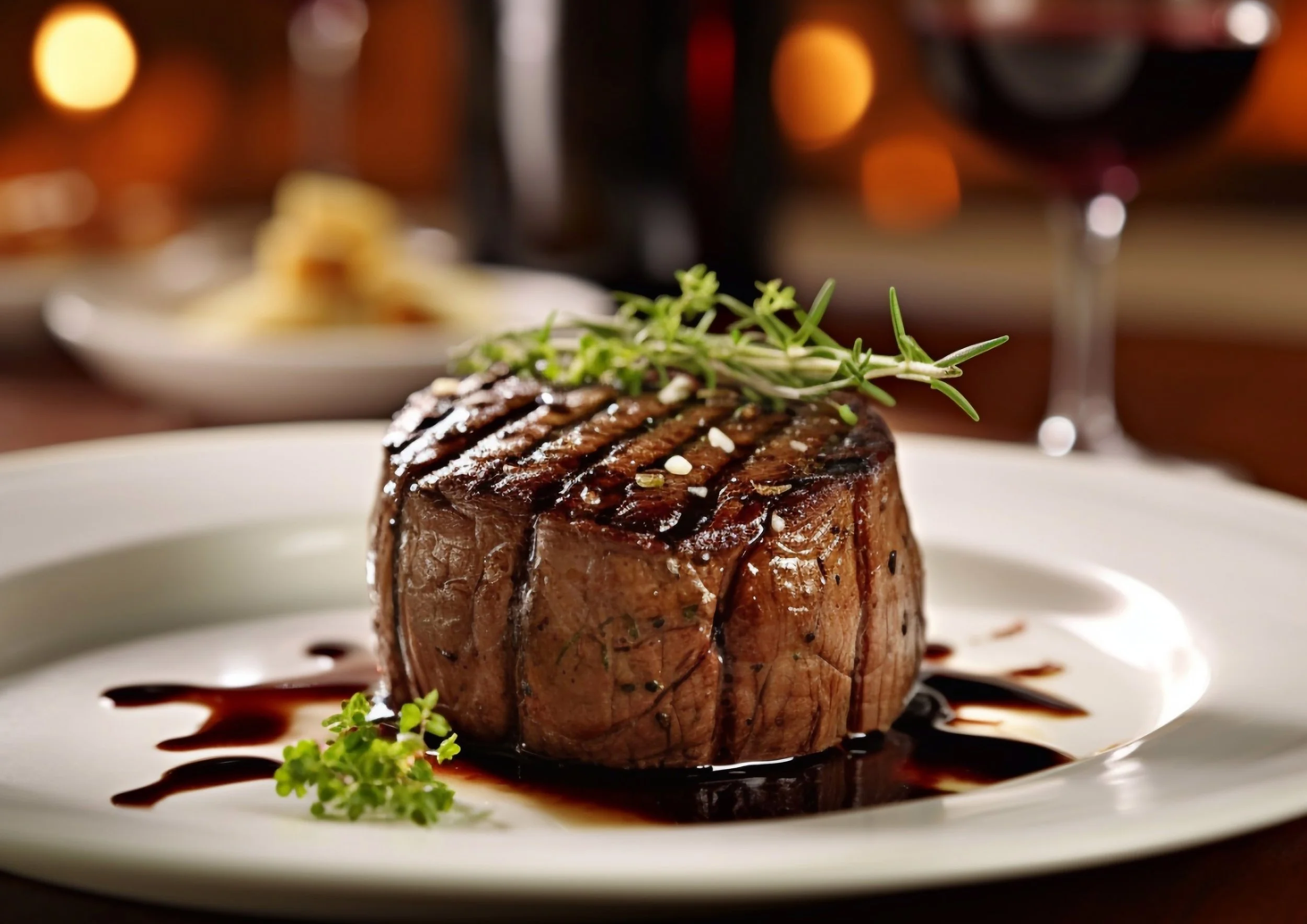 A grilled filet mignon steak topped with microgreens, served with a balsamic glaze on a white plate, with a glass of red wine in the background.