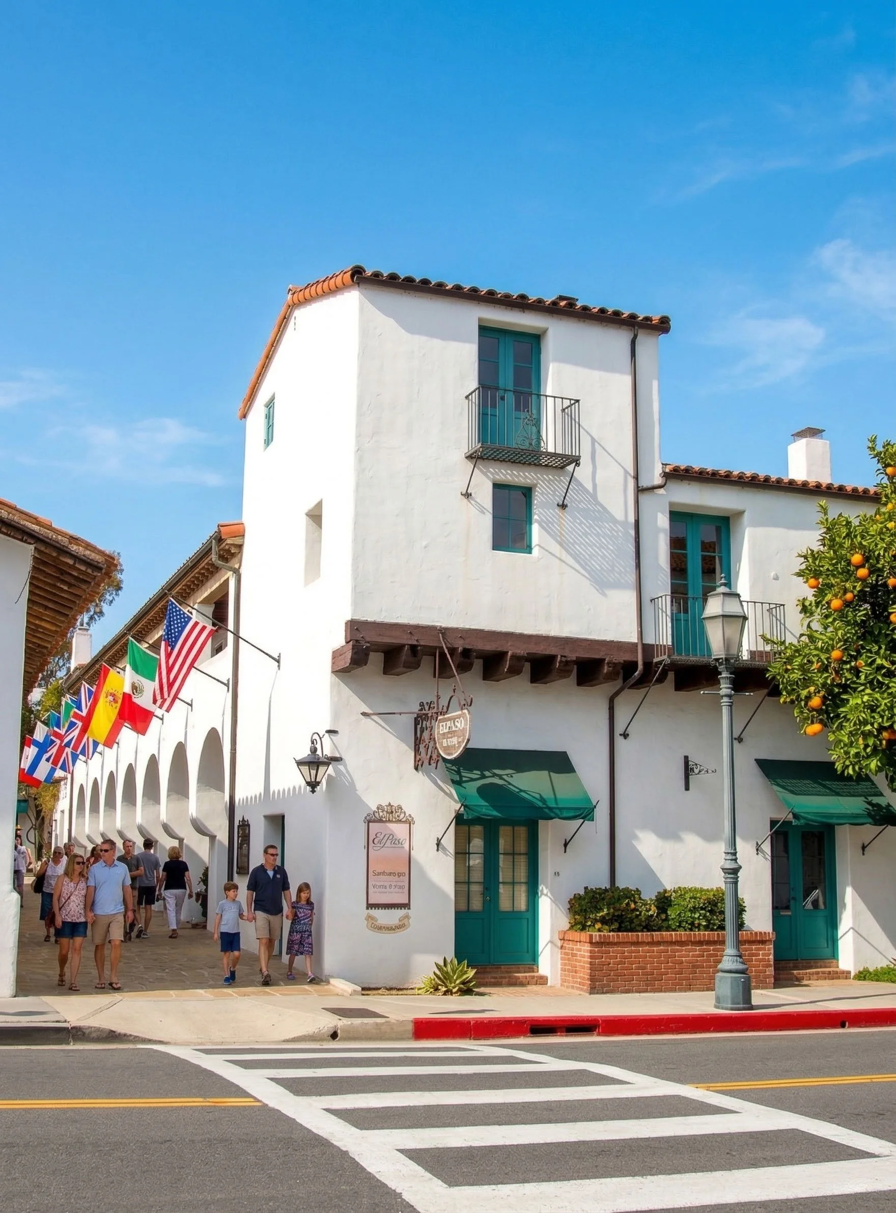 A white building with teal doors and windows, green awnings, and a small balcony. People are walking on the sidewalk, and there are flags hanging along the archway. A streetlamp and orange tree are also visible.