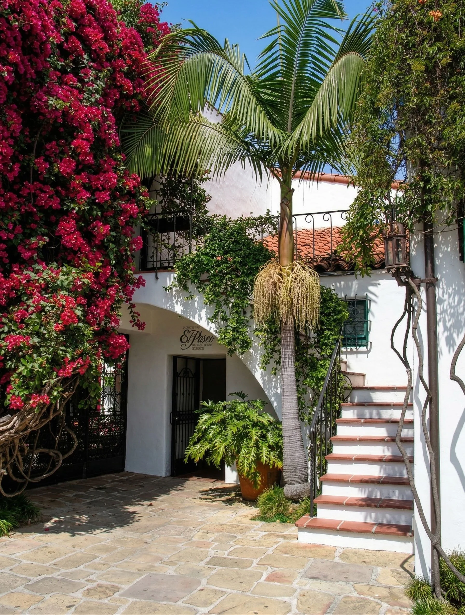 A courtyard with a white building, surrounded by lush green palm trees and flowering plants, including pink bougainvillaea, with a stone paved ground and a staircase leading to an upper floor.