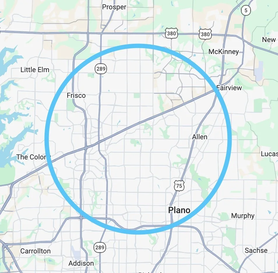 Map of the Plano, Texas area with a blue circle around the city.