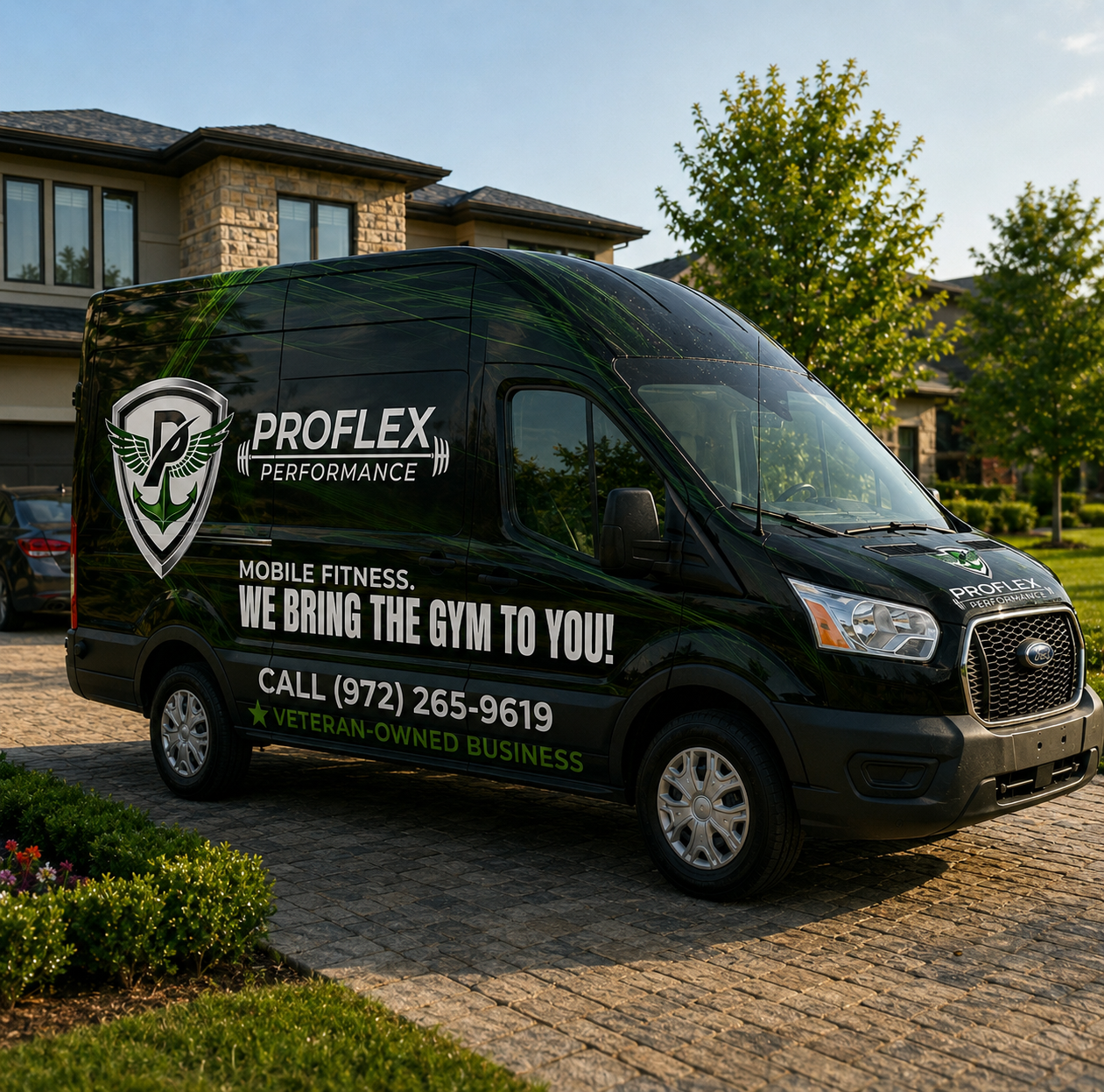 A black ProFlex Performance van parked outdoors in a residential neighborhood, with trees and houses in the background. The van has branding and contact information for a mobile fitness service, including the slogan 'We Bring The Gym To You!' and a phone number.