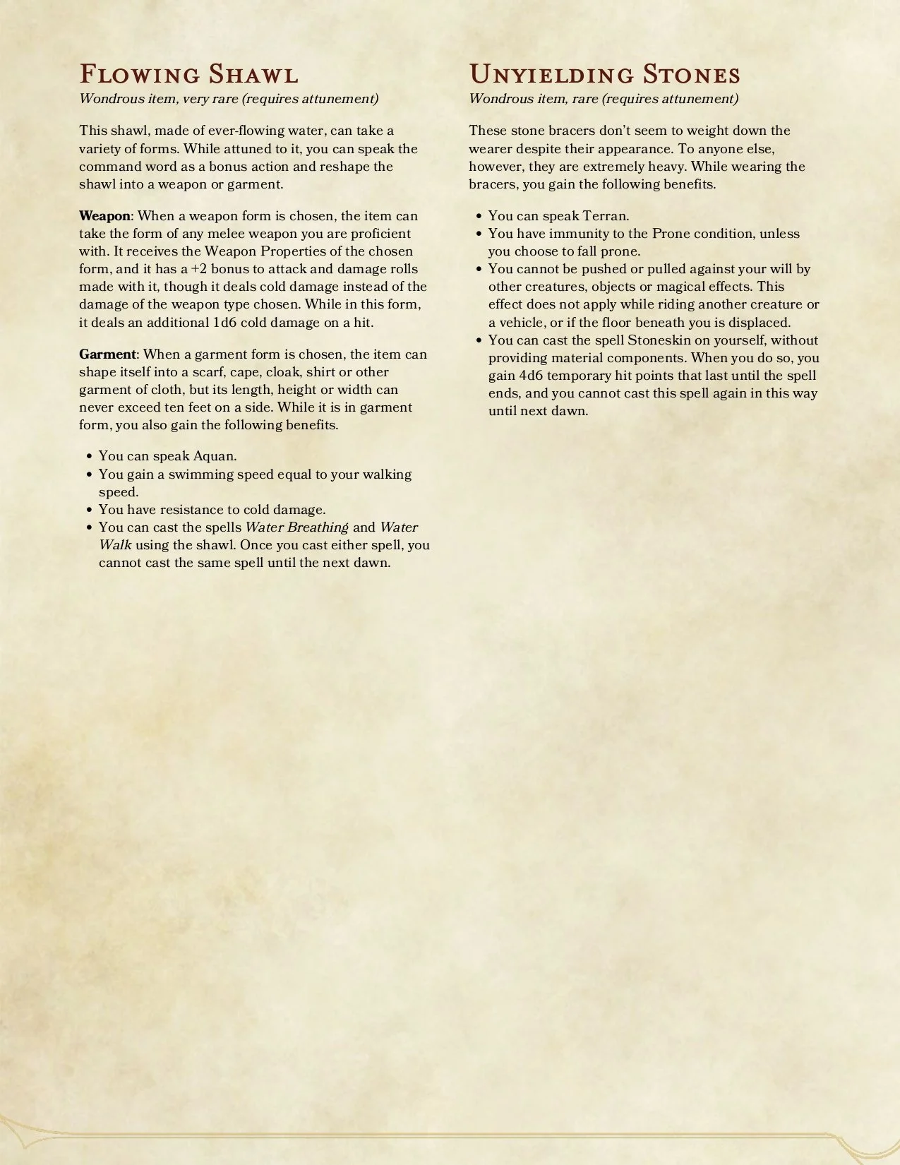 Item descriptions for the Flowing Shawl and the Unyielding Stones