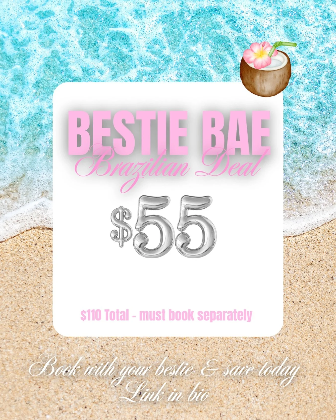 Grab your bestie and get beach ready together 🌴

Book your own Brazilian wax appointment and have your bestie book theirs, and you&rsquo;ll both receive the special rate of $55 each.

✨ Smooth skin
🌊 Summer-ready confidence
👯&zwj;♀️ Bring your bes