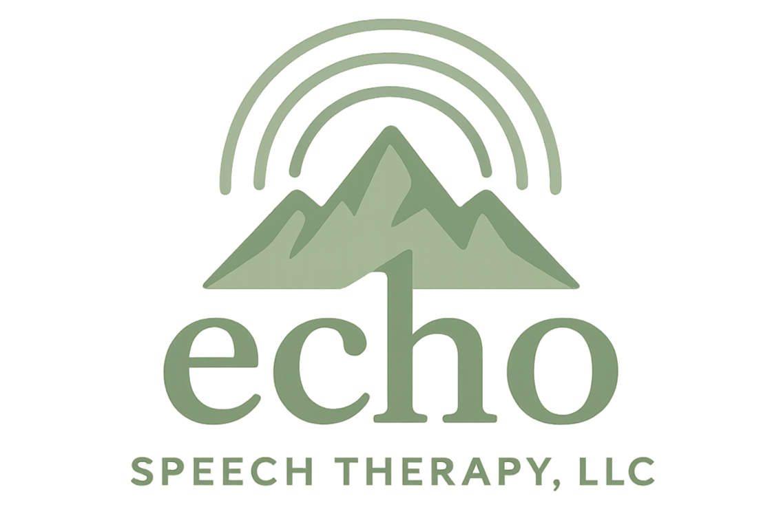 Logo for Echo Speech Therapy LLC, featuring a mountain with a rainbow above it, and the company name with the tagline.