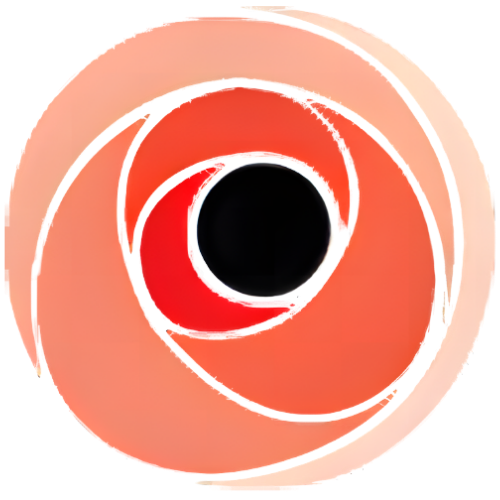 Abstract spiral design with red, orange, and peach tones surrounding a black center.