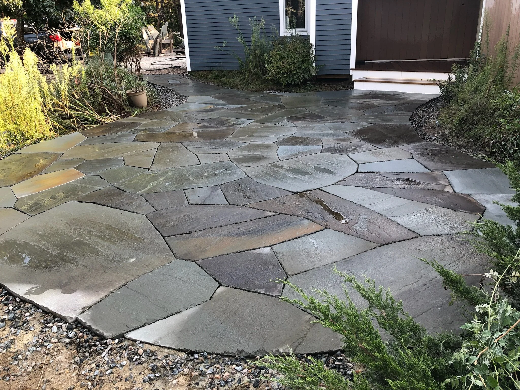 Wet decorative stone pathway leading to a house entrance, with garden plants on both sides.