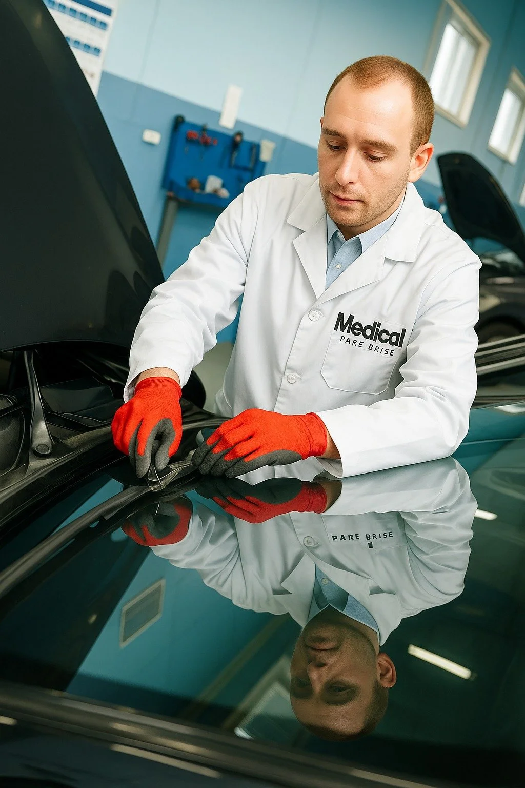 Un professionnel en entretien automobile portant des gants oranges et un manteau blanc, inspectant le toit d'une voiture dans un atelier mécanique. Il porte un uniforme avec le mot 'Medical' visible, mais ce pourrait être une erreur ou un décalage. La scène se déroule dans un garage bien éclairé avec des fenêtres en arrière-plan.