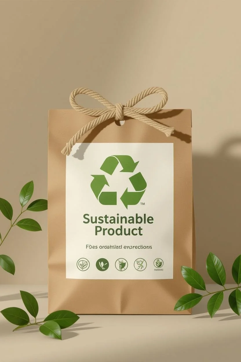 Brown paper bag with a white label featuring a green recycling symbol and the words 'Sustainable Product' and illustrated icons of leaves and plants, surrounded by green leafy plants.