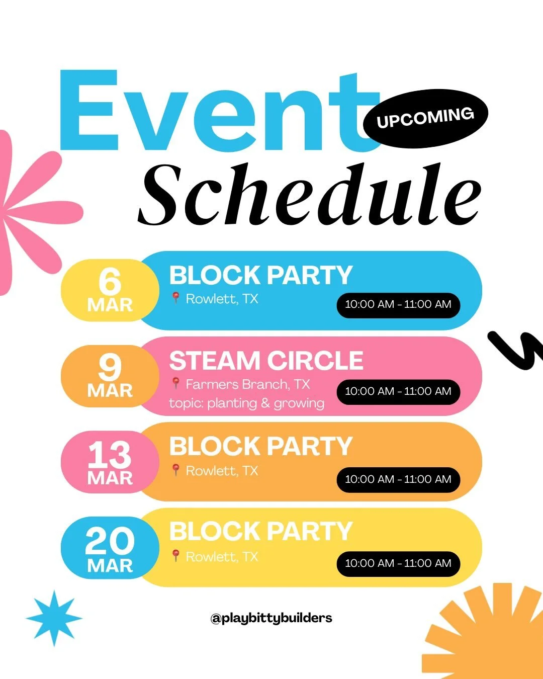 So much upcoming STEAM play fun to discover. Swipe through for details.

📚 STEAM Circle in Farmers Branch 📚

We still have a couple spots left in our March 9 class!

What: A caregiver &amp; me read-move-build class. Think circle-time with a STEAM t
