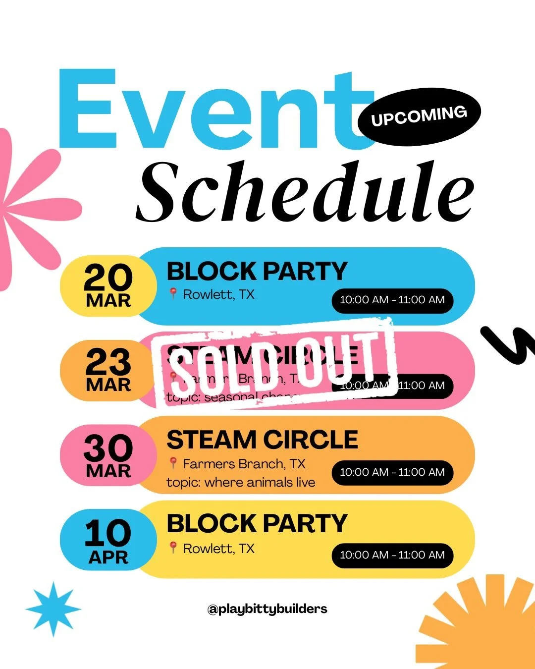 So much upcoming STEAM play fun to discover. Swipe through for details.

📚 STEAM Circle caregiver &amp; me class in Farmers Branch 📚

Our March 23 class is sold out, but we still have one spots left in our March 30 class!

What: A caregiver &amp; m