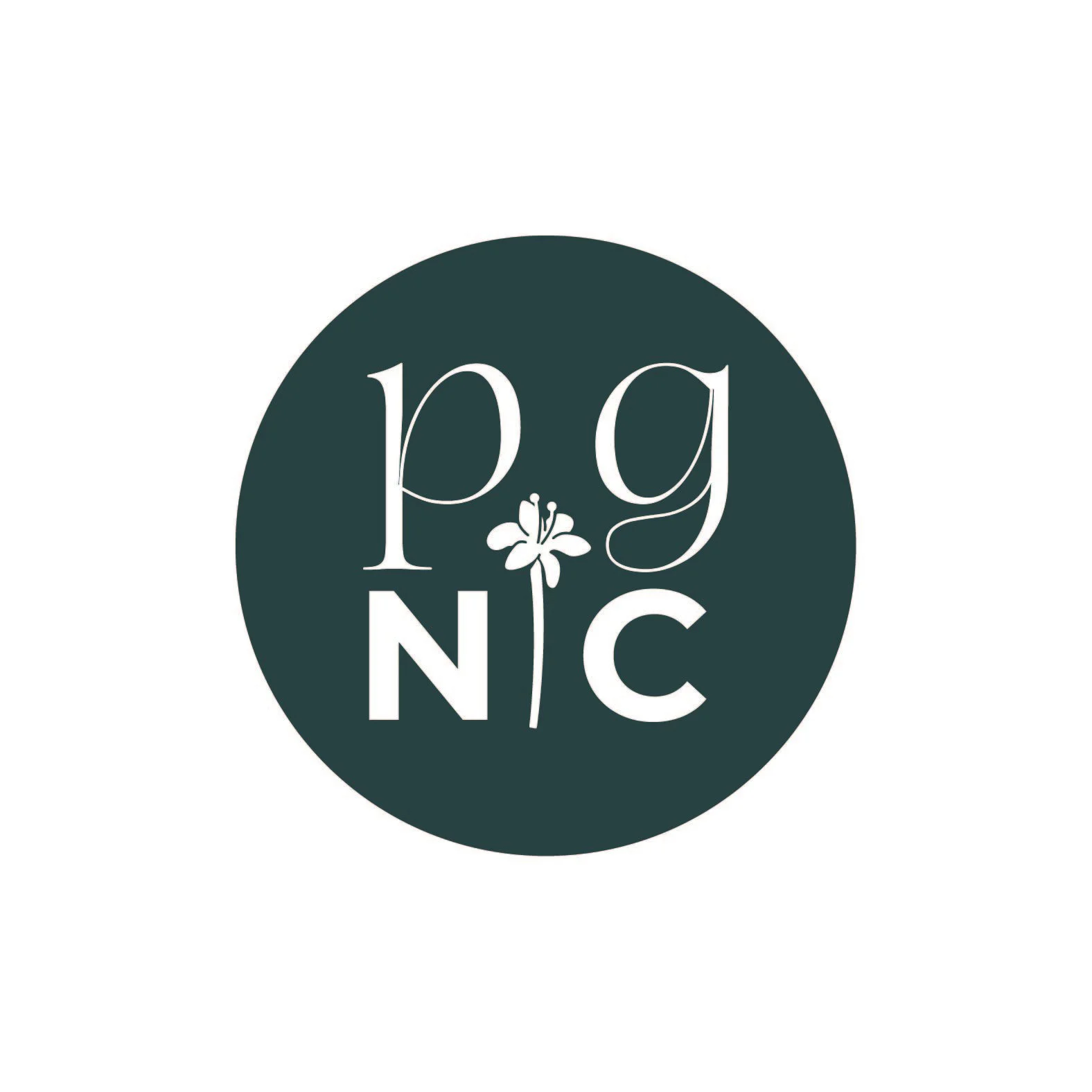 Logo with the text 'p g N C' and a flower illustration in the center.