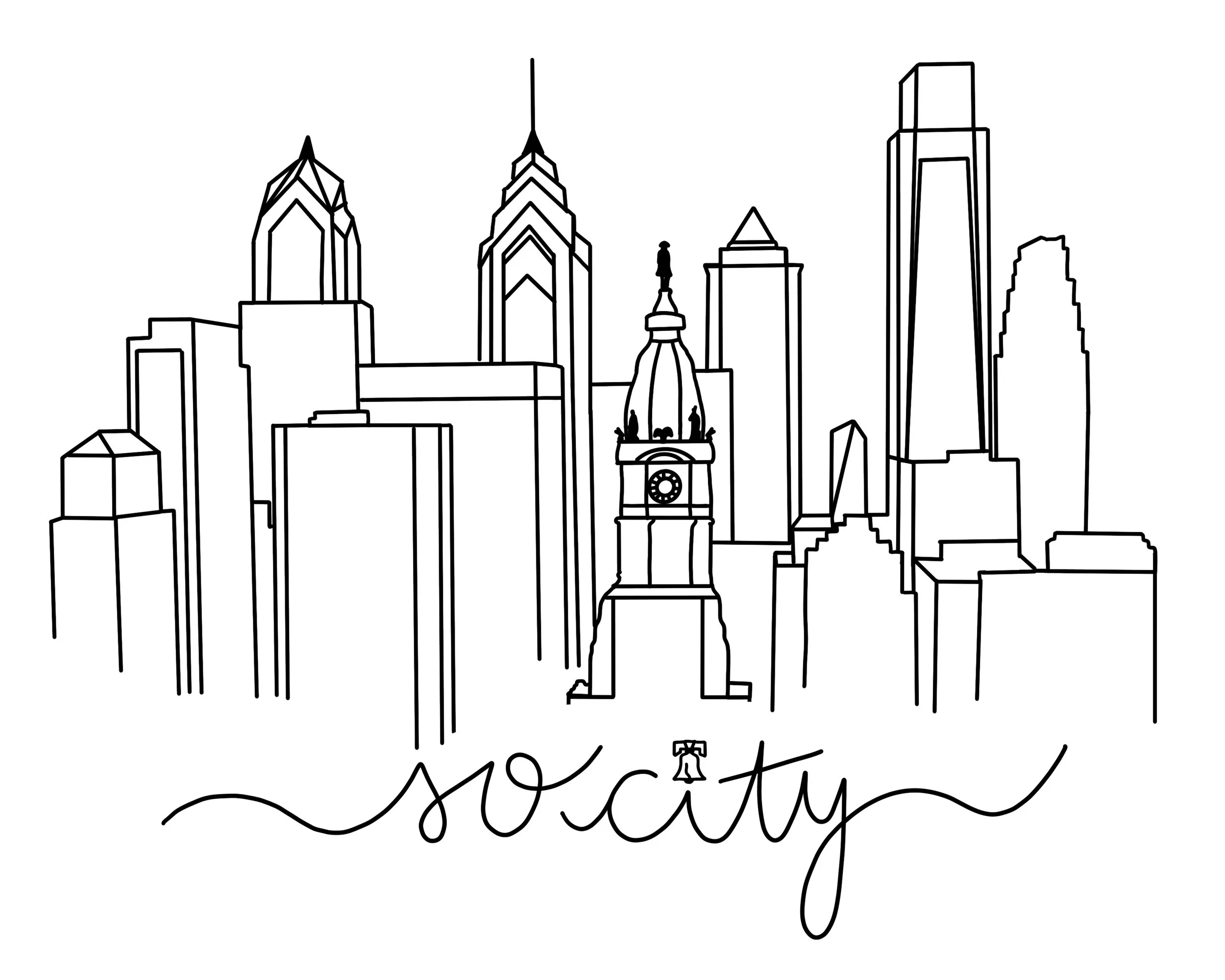 Outline drawing of a city skyline with various tall buildings and a clock tower, with the word 'society' written in cursive below.