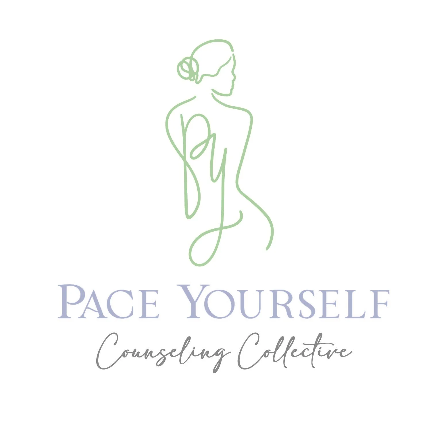 Logo for Pace Yourself Counseling Collective featuring a minimalist line drawing of a woman with her back turned, with green lines and the text "PACE YOURSELF Counseling Collective" in purple and black cursive fonts.