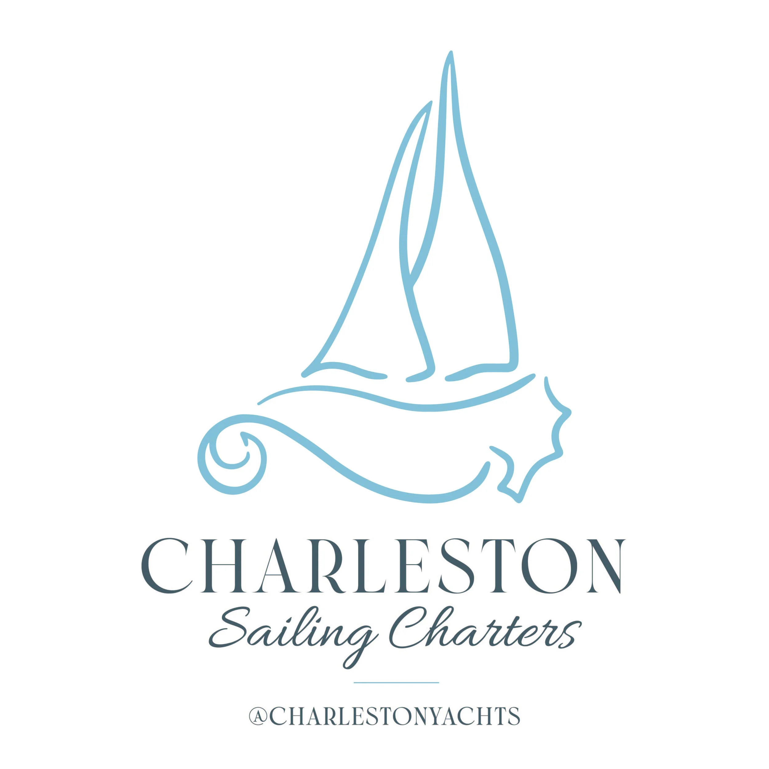 Logo for Charleston Sailing Charters featuring a light blue line drawing of a sailboat and a wave with text.