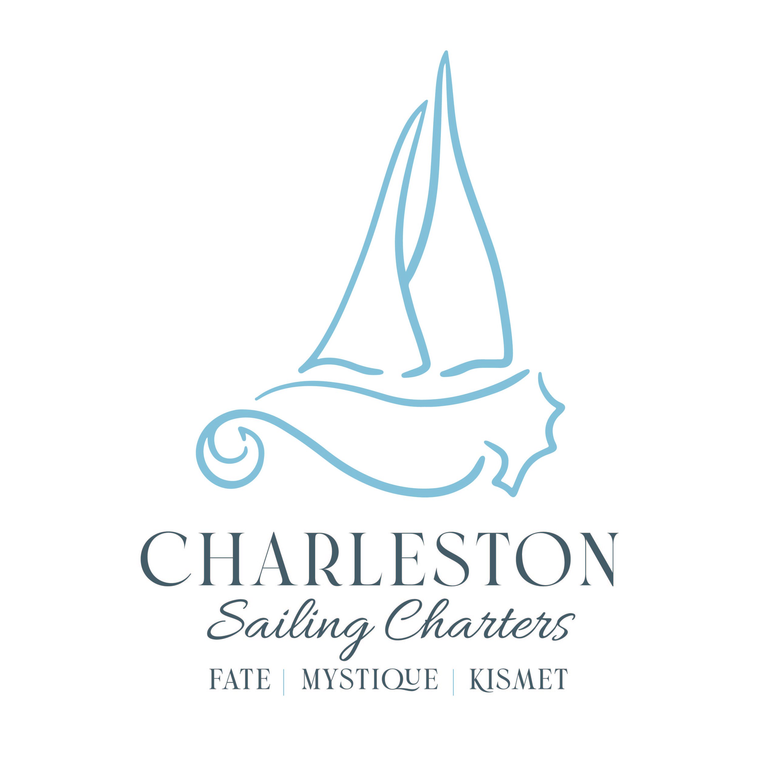 Logo for Charleston Sailing Charters featuring a minimalist line drawing of a sailboat with three sails, and text that reads "CHARLESTON Sailing Charters" with the words "FATE," "MYSTIQUE," and "KISMET" underneath.